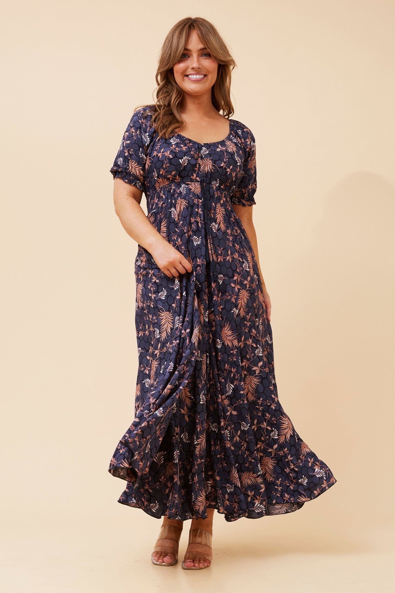 DAISY LEAF PRINT MAXI DRESS (Navy)