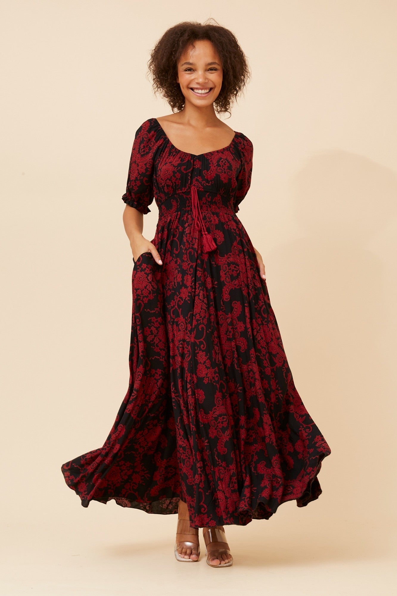 Image of Dresses. Product name - DAISY FLORAL MAXI DRESS in Black colour by brand - Caroline Morgan Australia