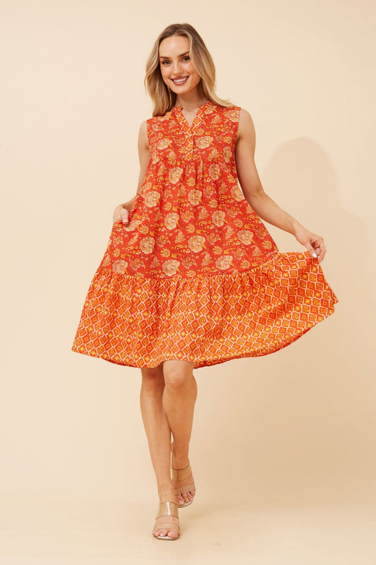Image of Dresses. Product name - AILEEN BORDER PRINT MIDI DRESS in Orange colour by brand - MYSTIC MONSOON
