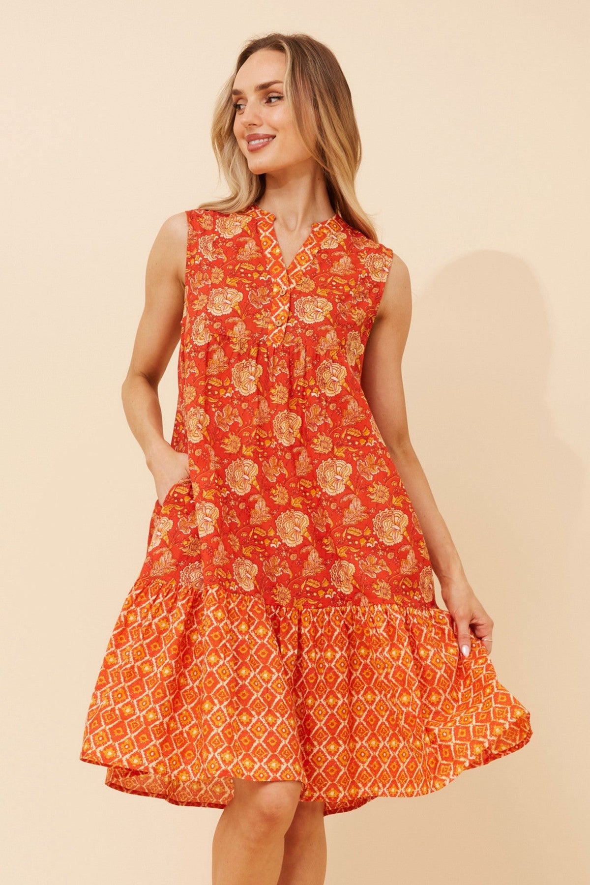 AILEEN BORDER PRINT MIDI DRESS (Orange)