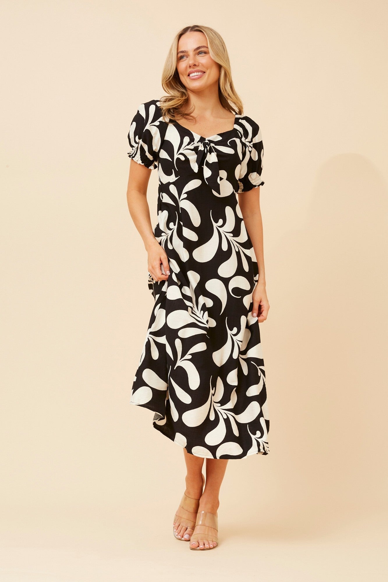 Image of Dresses. Product name - FAITH ABSTRACT PRINT MIDI DRESS in Olive colour by brand - Caroline Morgan Australia