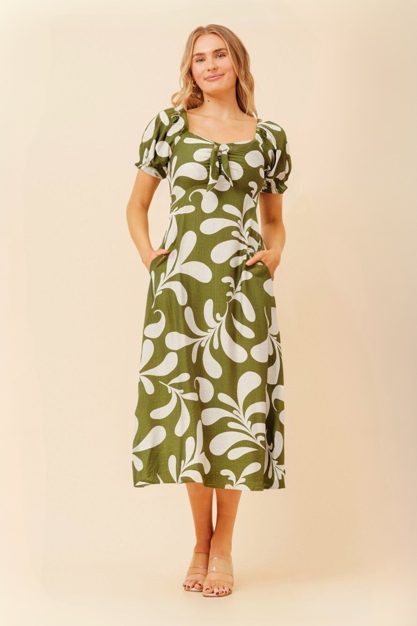 FAITH ABSTRACT PRINT MIDI DRESS (Olive)