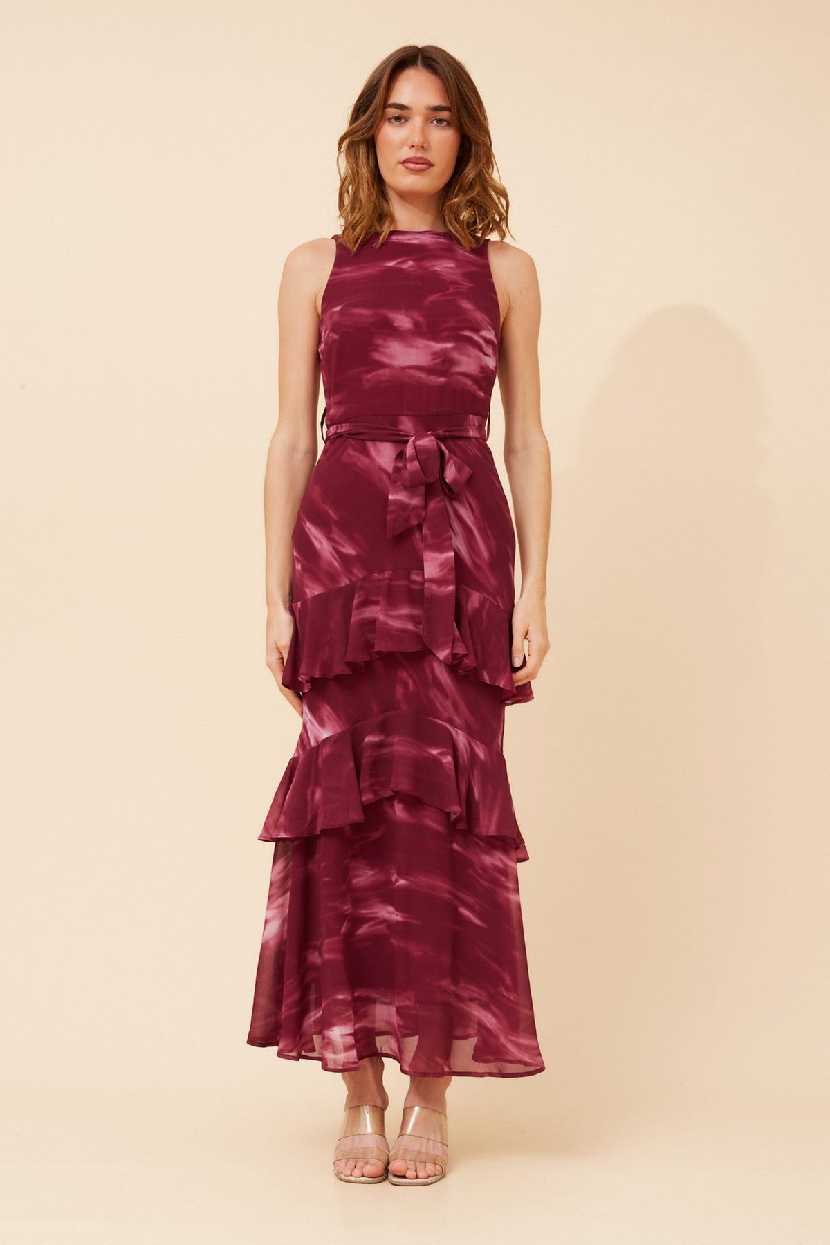 Image of Dresses. Product name - LUCIAN MARBLE PRINT MAXI DRESS in Pink colour by brand - Caroline Morgan Australia