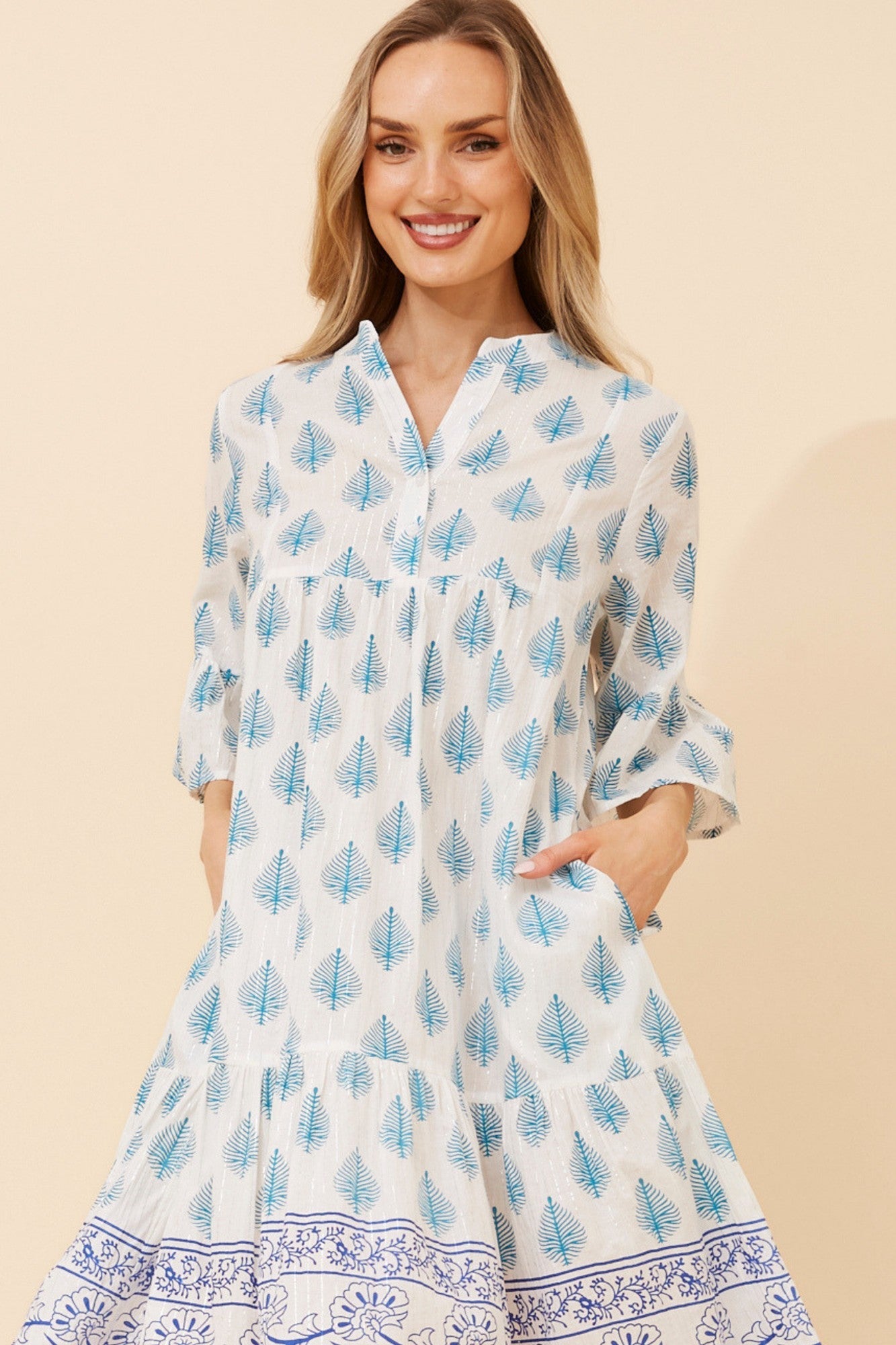 ALIMA BORDER PRINT MIDI DRESS (Multi White)
