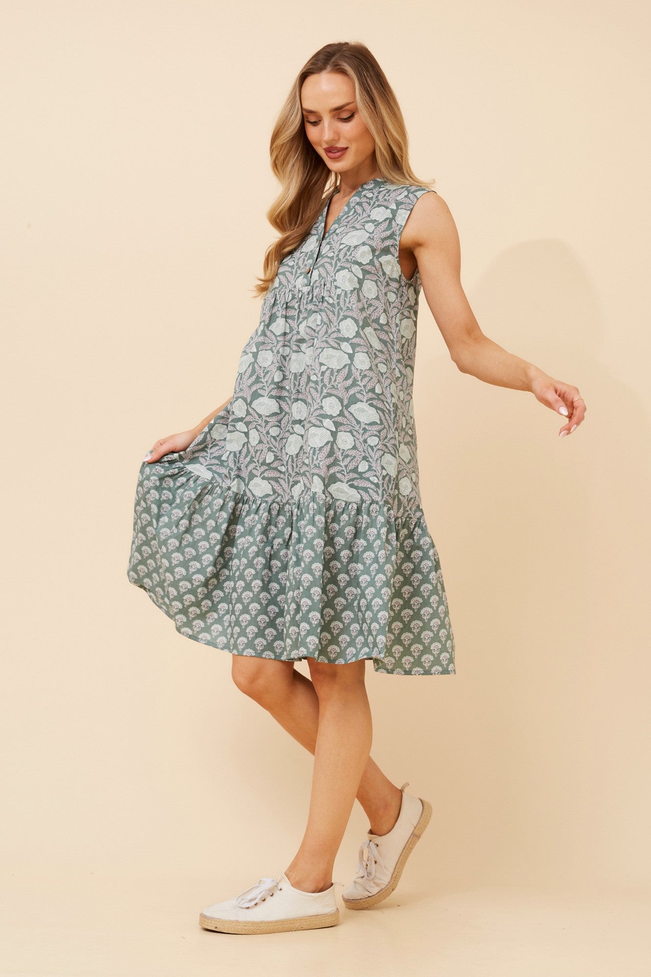Image of Dresses. Product name - AILEEN FLORAL MIDI DRESS in Sage colour by brand - MYSTIC MONSOON