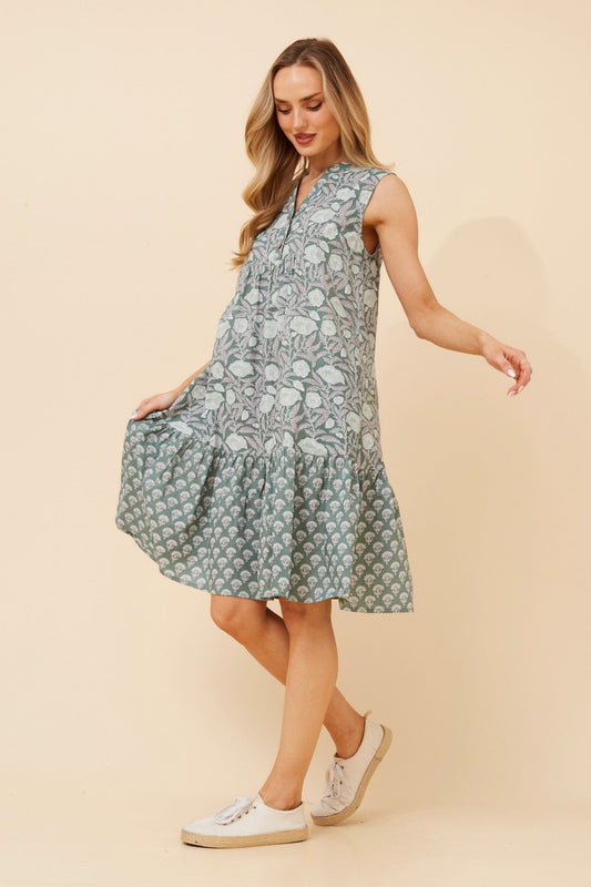 Image of Dresses. Product name - AILEEN FLORAL MIDI DRESS in Sage colour by brand - MYSTIC MONSOON