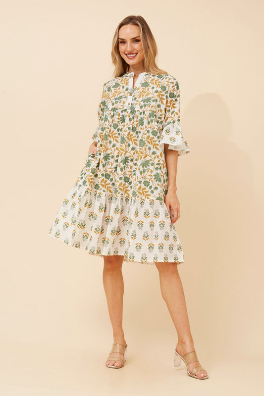 Image of Dresses. Product name - ALIMA LEAF PRINT MIDI DRESS in Sage colour by brand - MYSTIC MONSOON