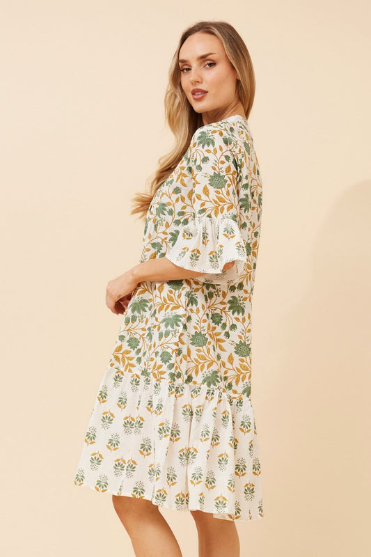 ALIMA LEAF PRINT MIDI DRESS (Sage)