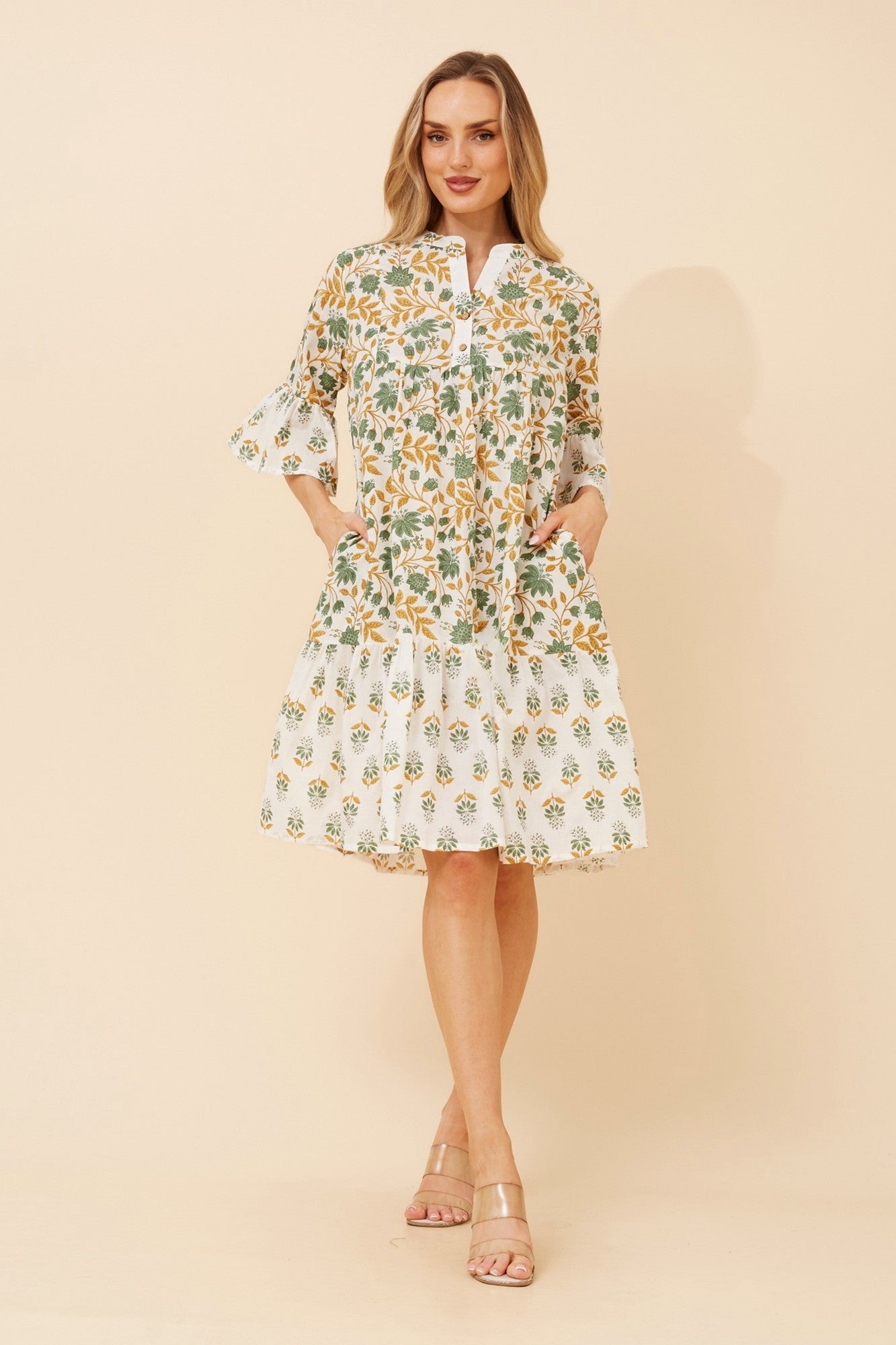 ALIMA LEAF PRINT MIDI DRESS (Sage)