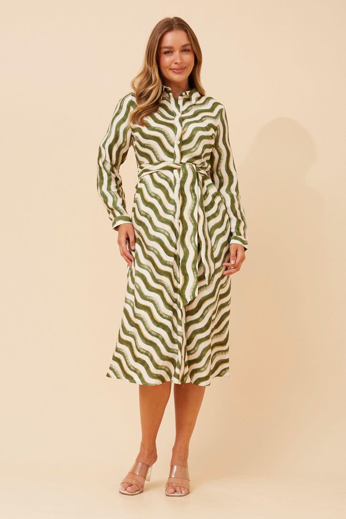 Image of Dresses. Product name - ALLIE STRIPE PRINT SHIRT DRESS in Multi Green colour by brand - Caroline Morgan Australia