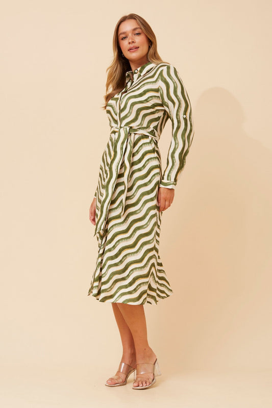 ALLIE STRIPE PRINT SHIRT DRESS (Multi Green)