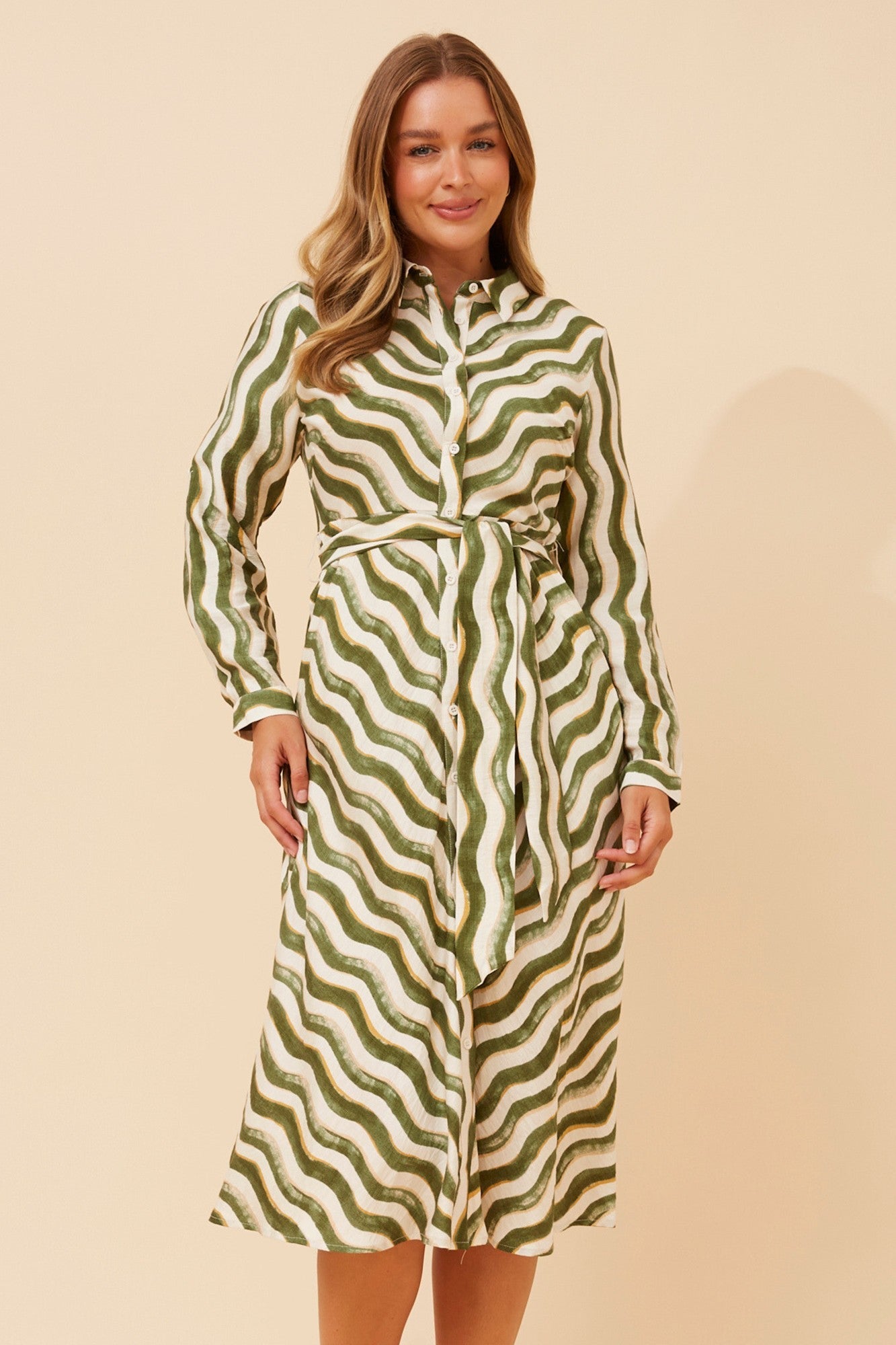 ALLIE STRIPE PRINT SHIRT DRESS (Multi Green)