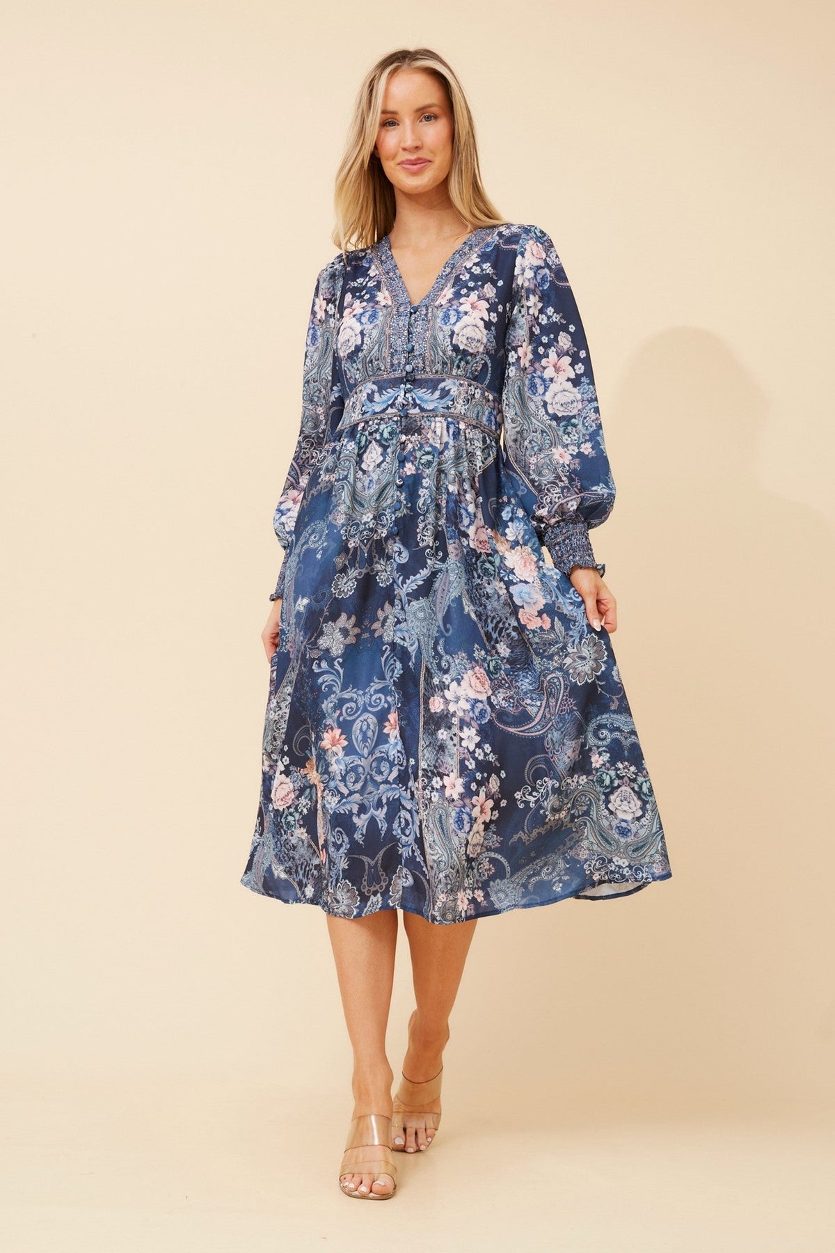 VINA ARABESQUE PRINT MIDI DRESS (Navy)