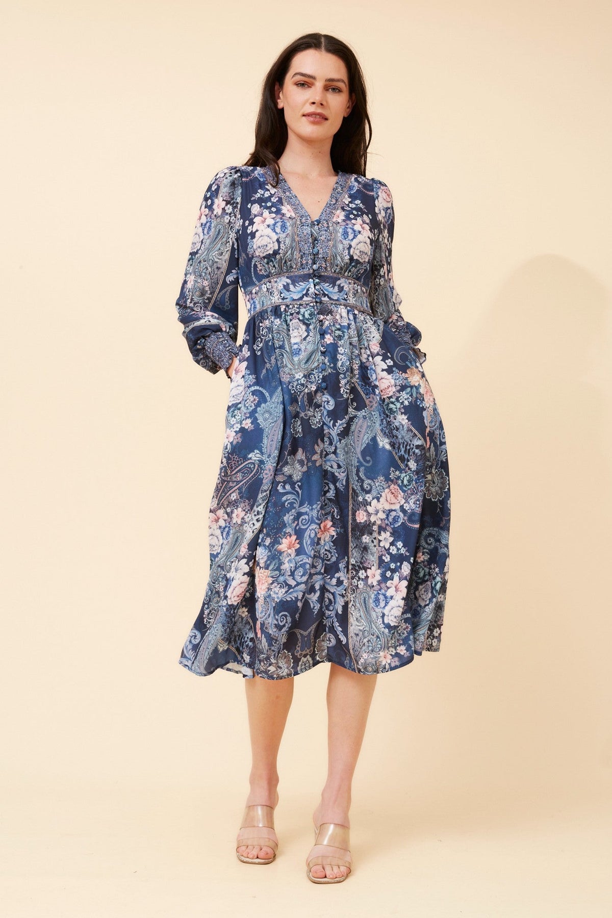 VINA ARABESQUE PRINT MIDI DRESS (Navy)