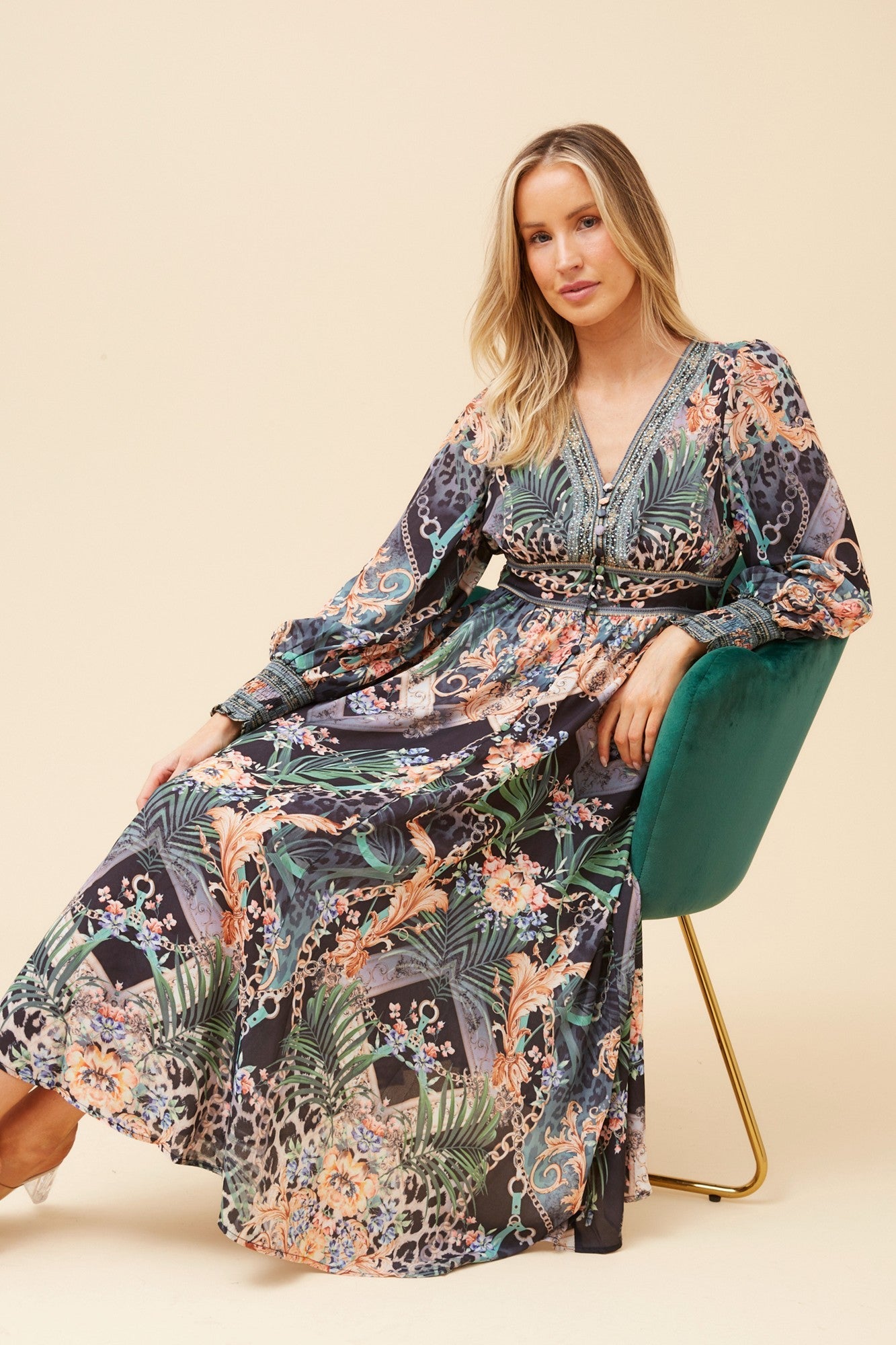 Image of Dresses. Product name - BINA ARABESQUE PRINT MIDI DRESS in Multi Green colour by brand - Caroline Morgan Australia