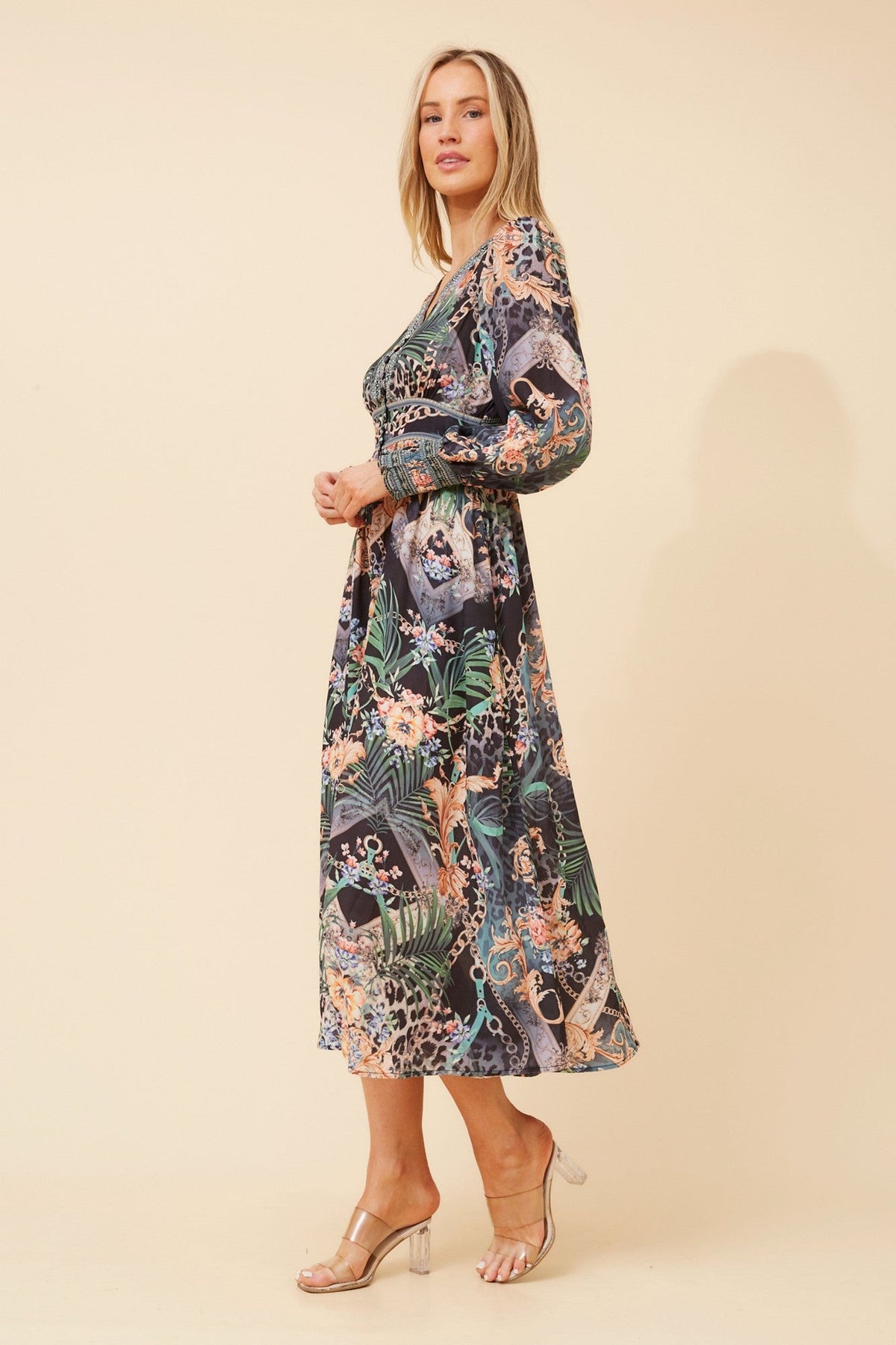 BINA ARABESQUE PRINT MIDI DRESS (Multi Green)