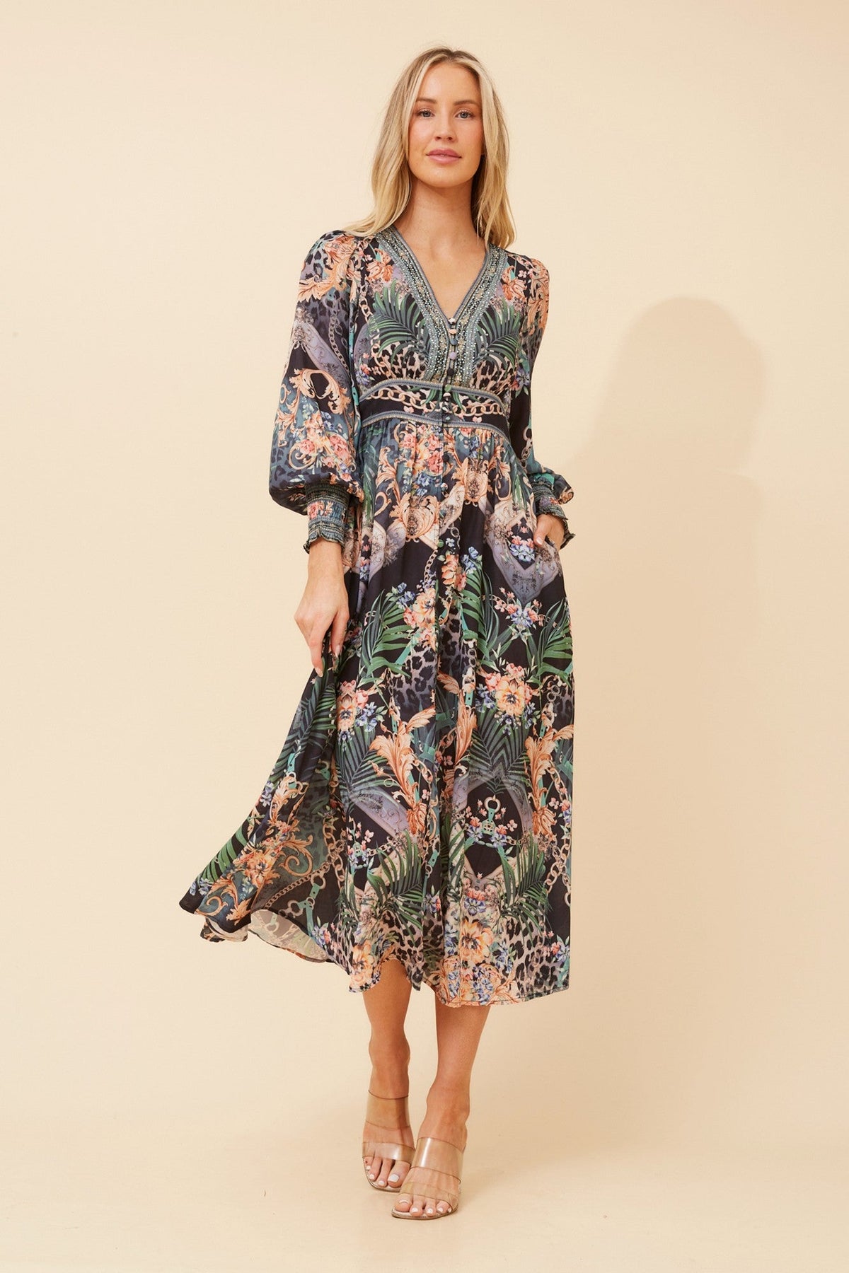 BINA ARABESQUE PRINT MIDI DRESS (Multi Green)