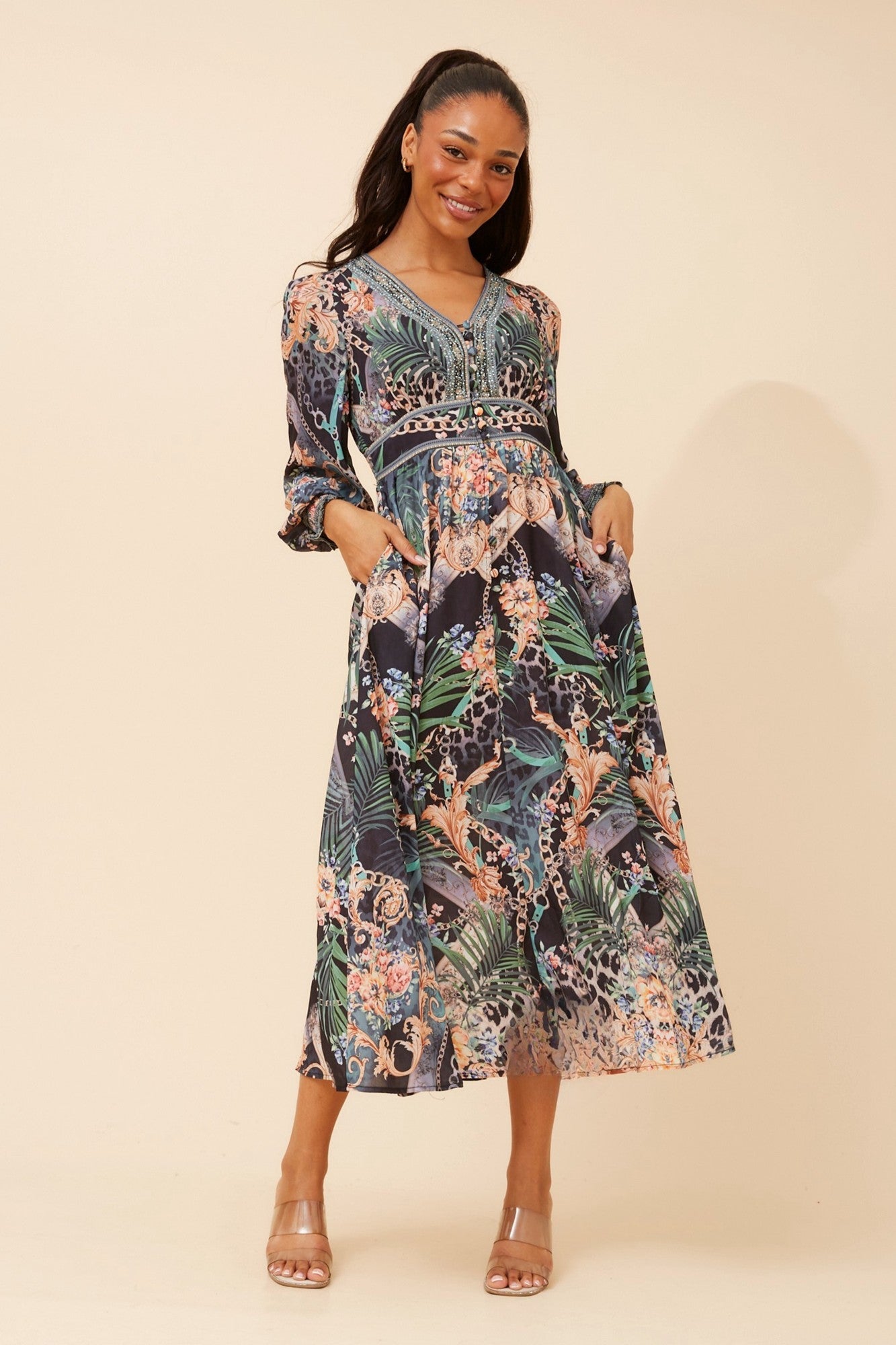 BINA ARABESQUE PRINT MIDI DRESS (Multi Green)