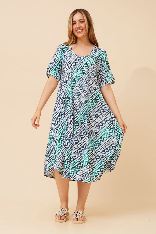 Image of Dresses. Product name - TANIKA ABSTRACT PRINT DRESS in Multi Blue colour by brand - MYSTIC MONSOON