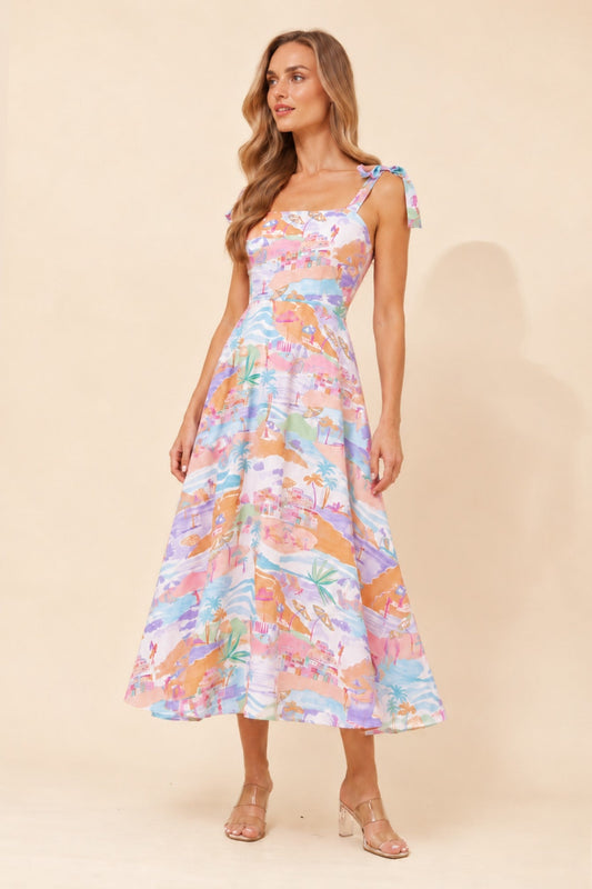 Image of Dresses. Product name - JAVON WANDERLUST PRINT MIDI DRESS in Multi Orange colour by brand - MYSTIC MONSOON