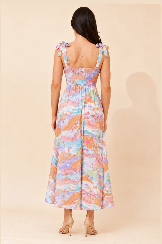 MYSTIC MONSOON JAVON WANDERLUST PRINT MIDI DRESS (Multi Orange)