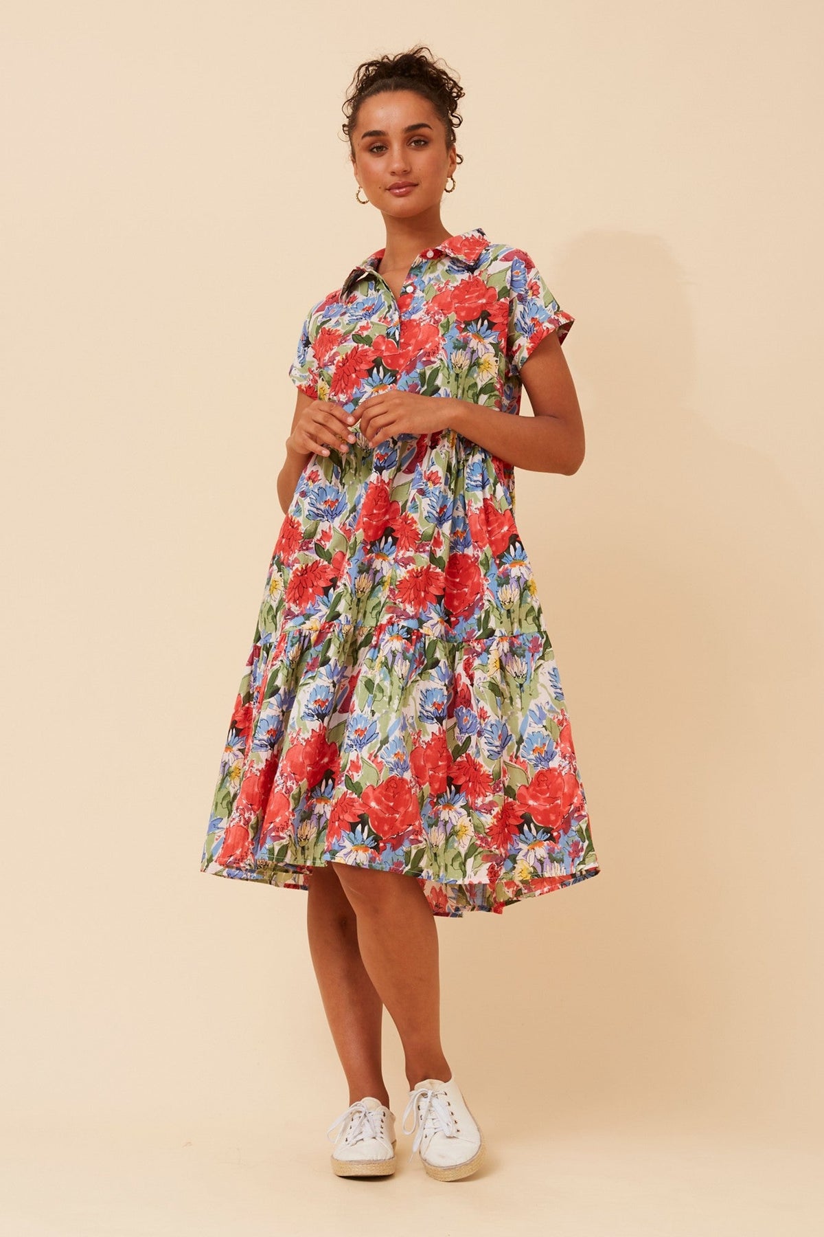 Image of Dresses. Product name - ZONRELLE FLORAL TIERED DRESS in Multi Red colour by brand - MYSTIC MONSOON