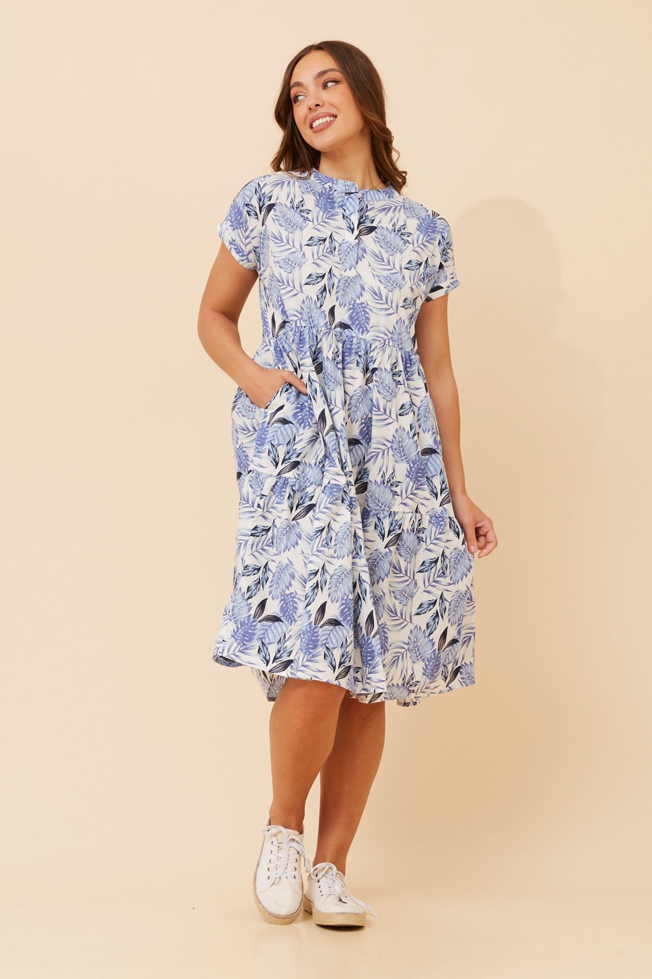 Image of Dresses. Product name - KIYANA LEAF PRINT DRESS in Cornflower Blue colour by brand - MYSTIC MONSOON