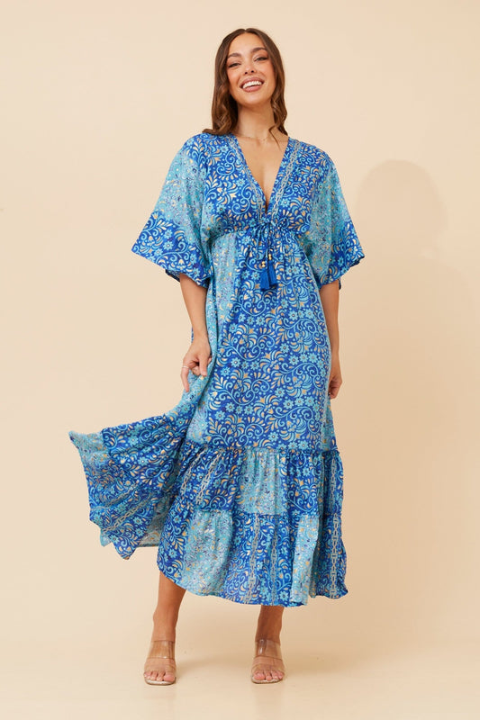 Image of Dresses. Product name - CHANDRA FLORAL MAXI DRESS in Blue colour by brand - MYSTIC MONSOON