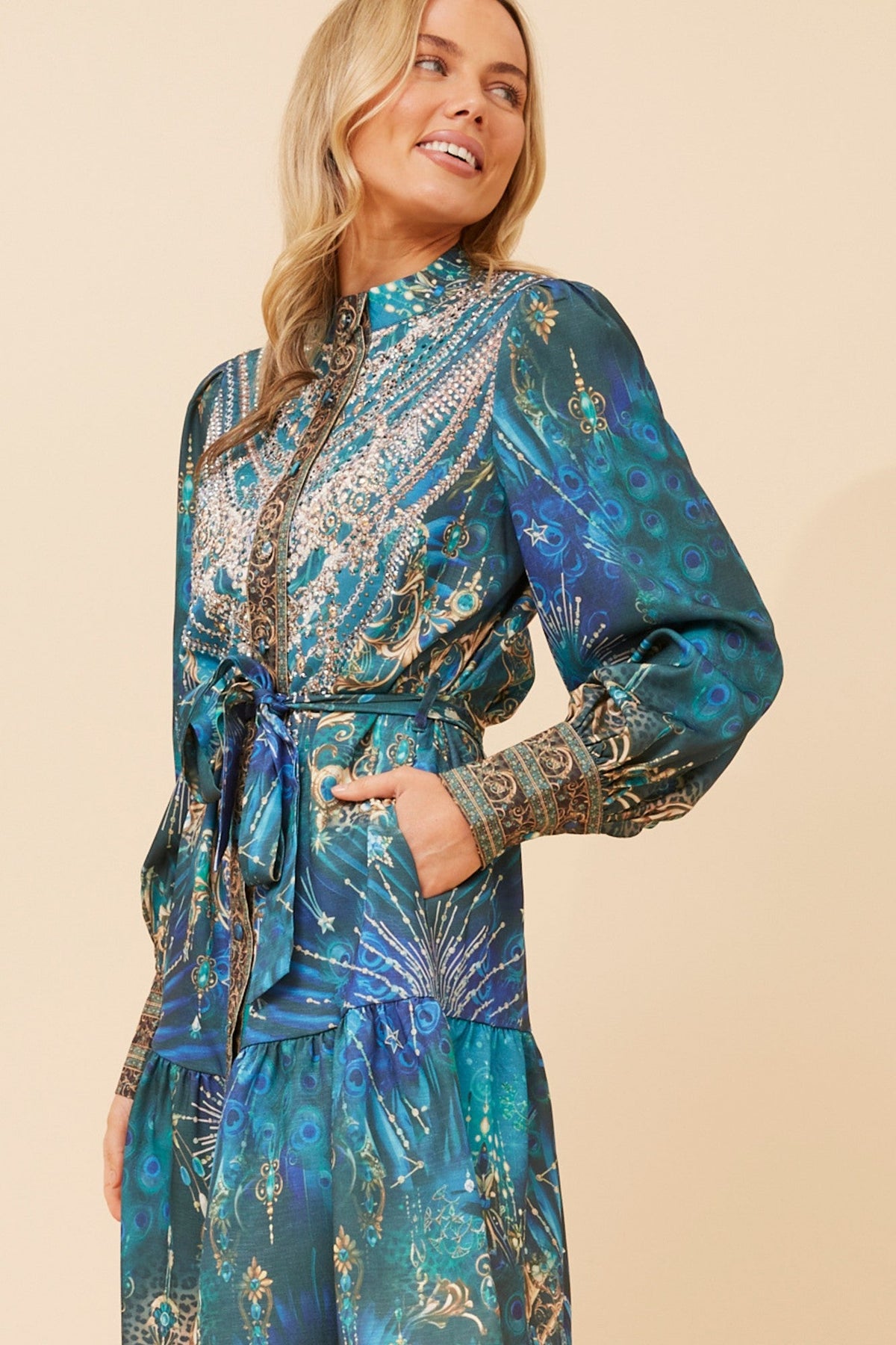 ROSIBEL ARABASQUE PRINT DRESS (Teal)