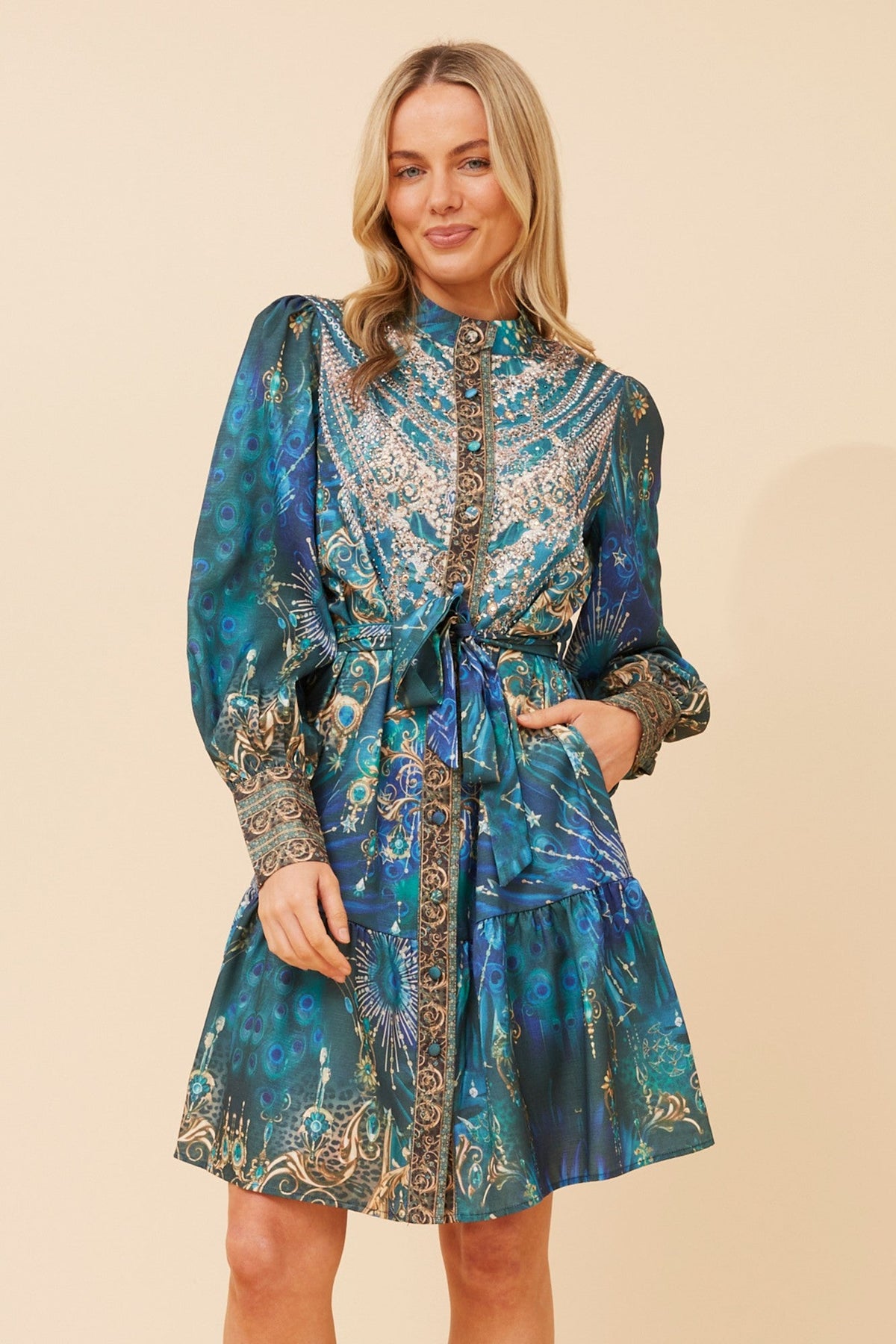 ROSIBEL ARABASQUE PRINT DRESS (Teal)