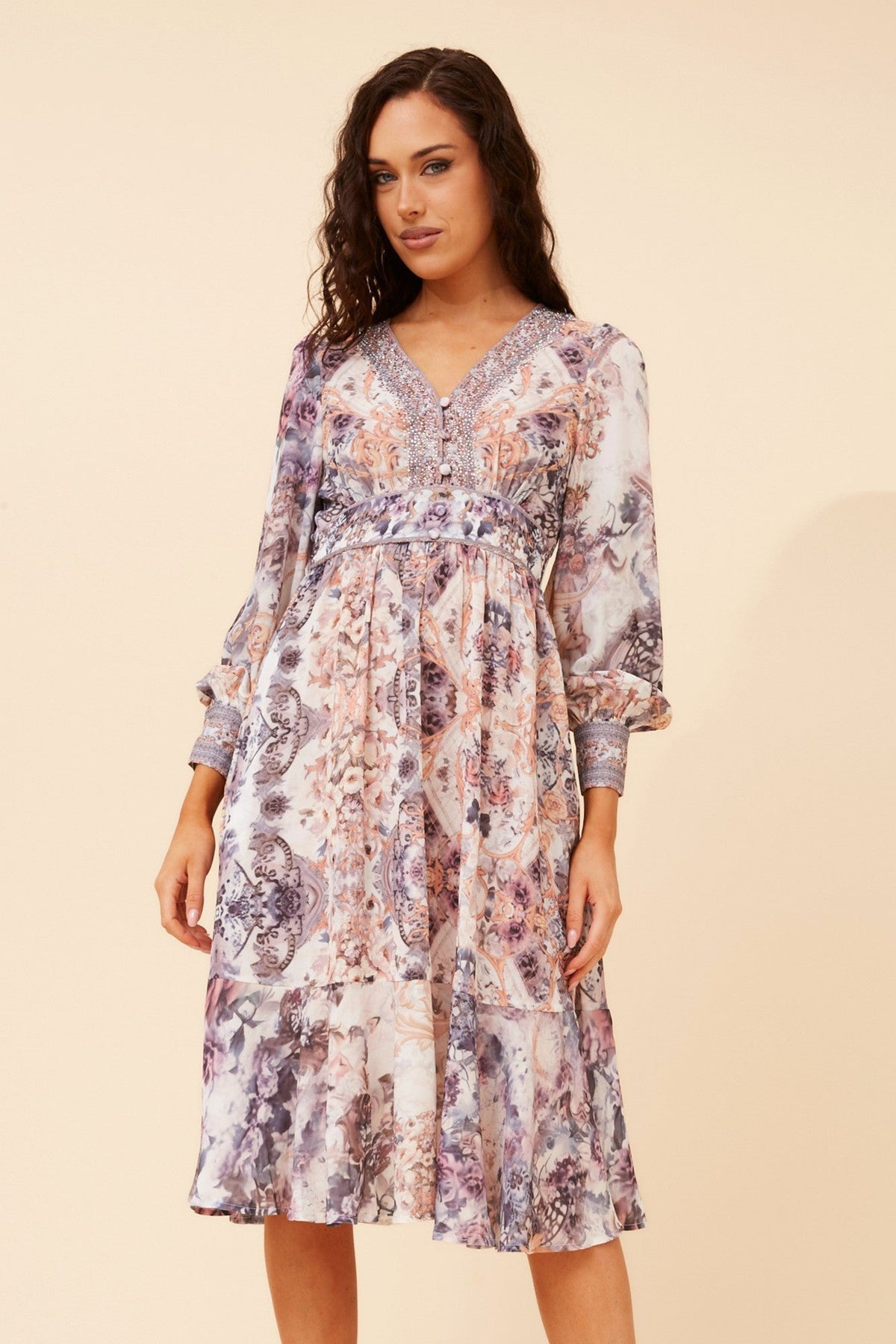 Image of Dresses. Product name - RYLIE ARABESQUE PRINT MIDI DRESS in Multi Pink colour by brand - Caroline Morgan Australia