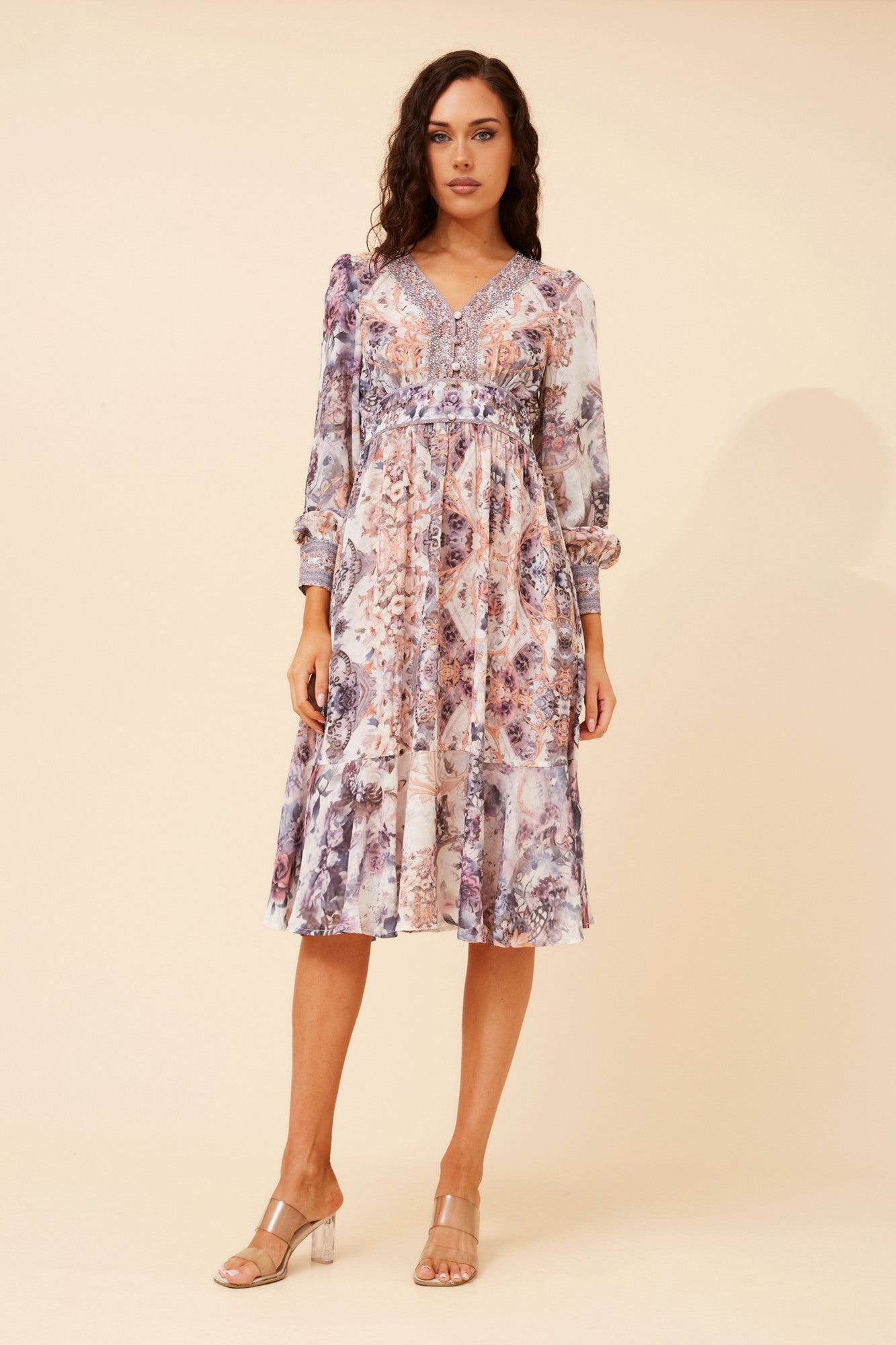 RYLIE ARABESQUE PRINT MIDI DRESS (Multi Pink)