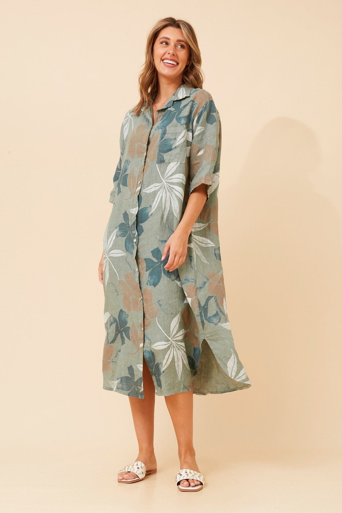 Image of Dresses. Product name - JUNO LEAF PRINT LINEN DRESS in Khaki colour by brand - BOTTEGA MODA