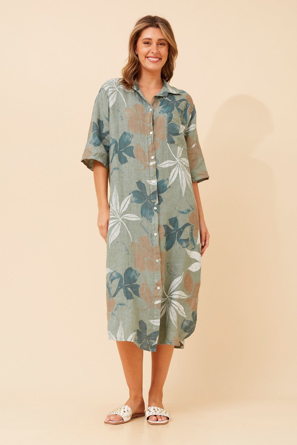 JUNO LEAF PRINT LINEN DRESS (Khaki)