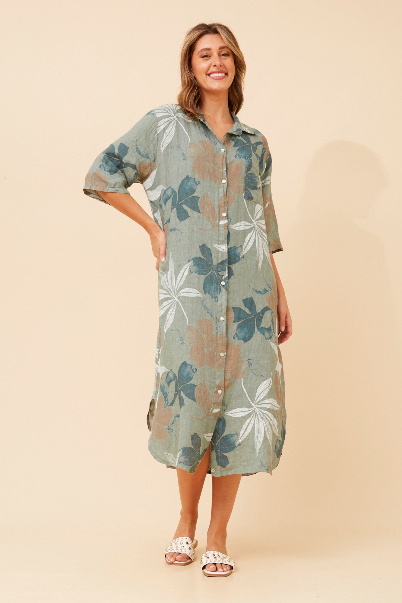 JUNO LEAF PRINT LINEN DRESS (Khaki)