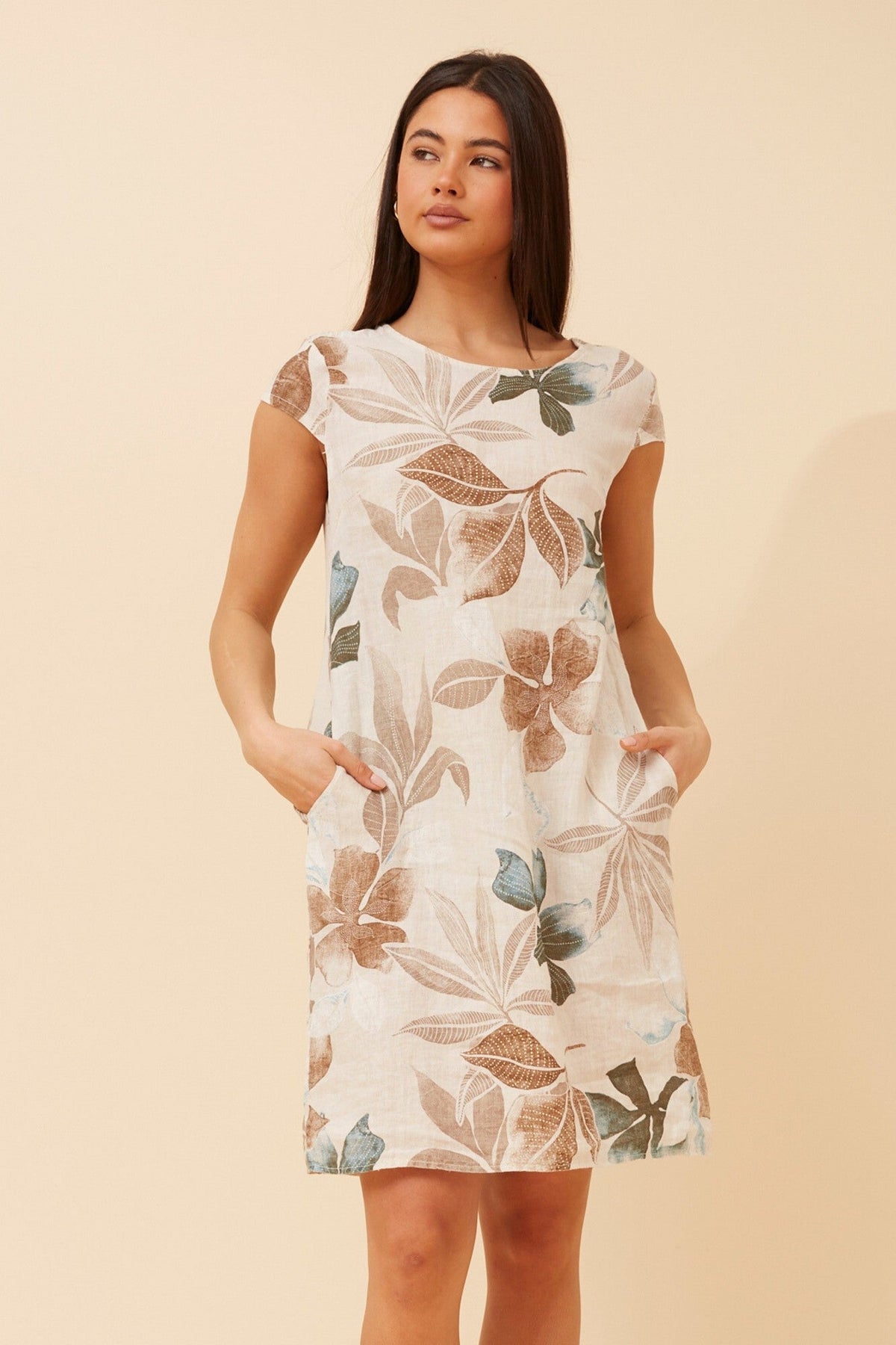 Image of Dresses. Product name - SISLEY LEAF PRINT LINEN DRESS in Linen colour by brand - BOTTEGA MODA