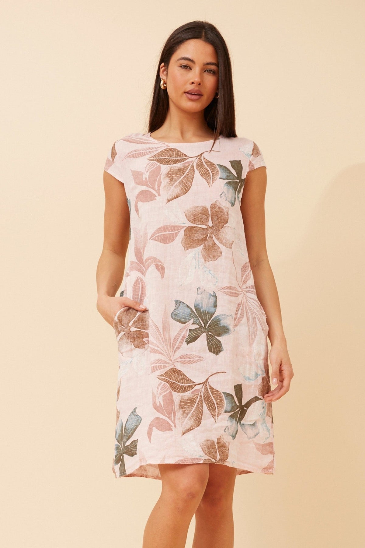 Image of Dresses. Product name - SISLEY LEAF PRINT LINEN DRESS in Pink colour by brand - BOTTEGA MODA