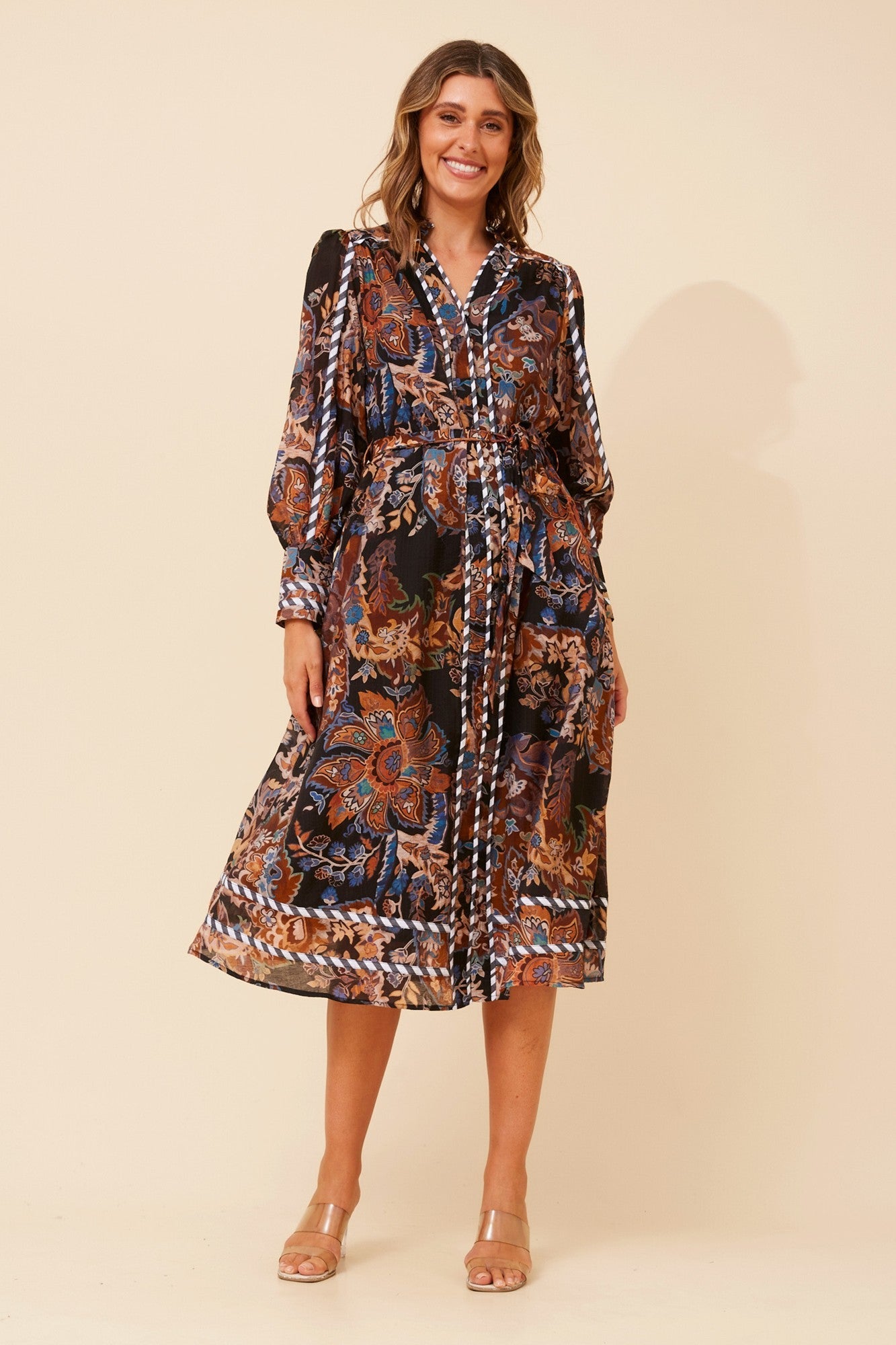 Image of Dresses. Product name - ELANIA FLORAL MIDI DRESS in Multi Rust colour by brand - Caroline Morgan Australia