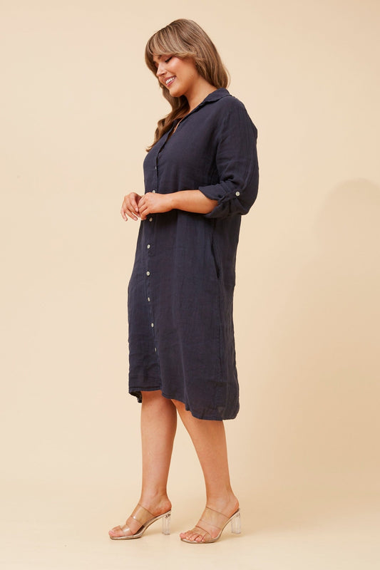 Image of Dresses. Product name - RAVINIA SOLID LINEN SHIRT DRESS in Khaki colour by brand - BOTTEGA MODA