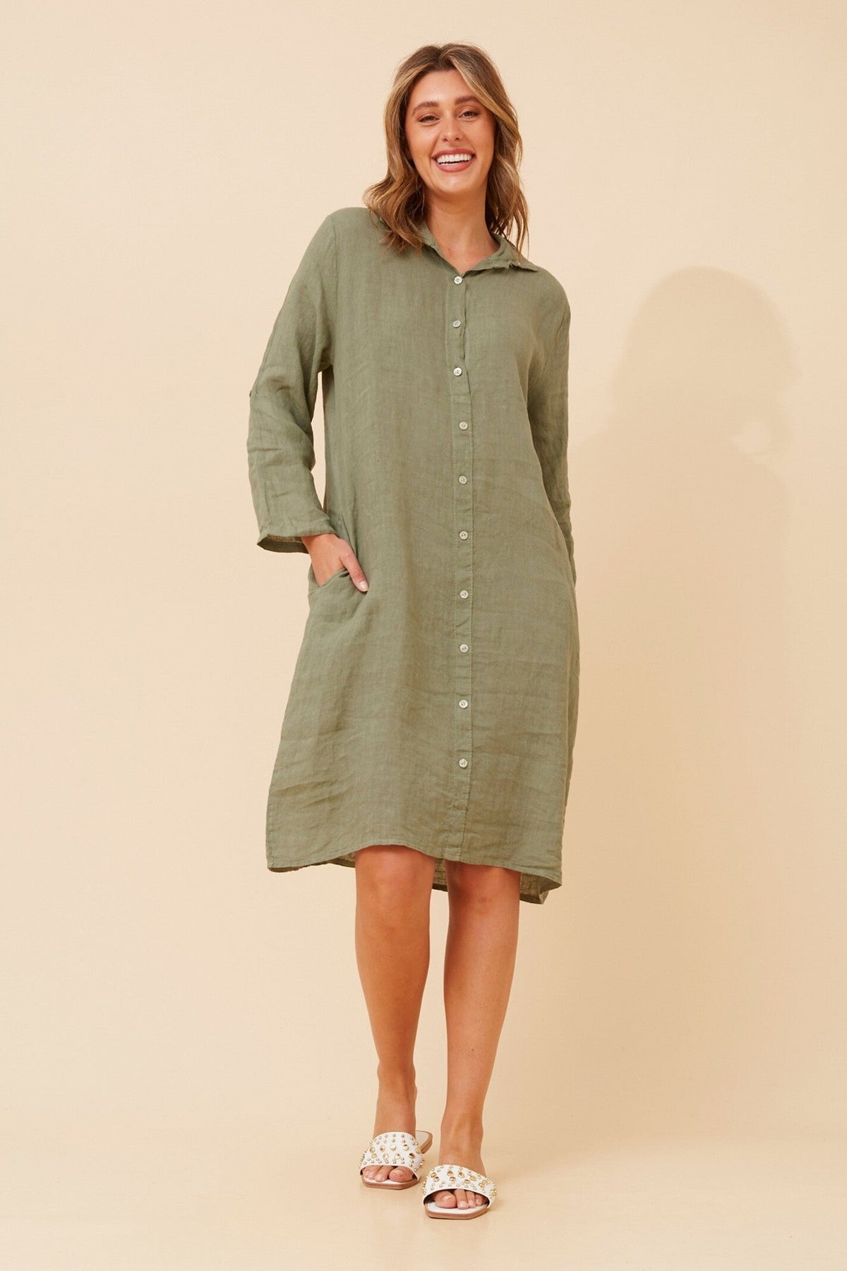 RAVINIA SOLID LINEN SHIRT DRESS (Khaki)