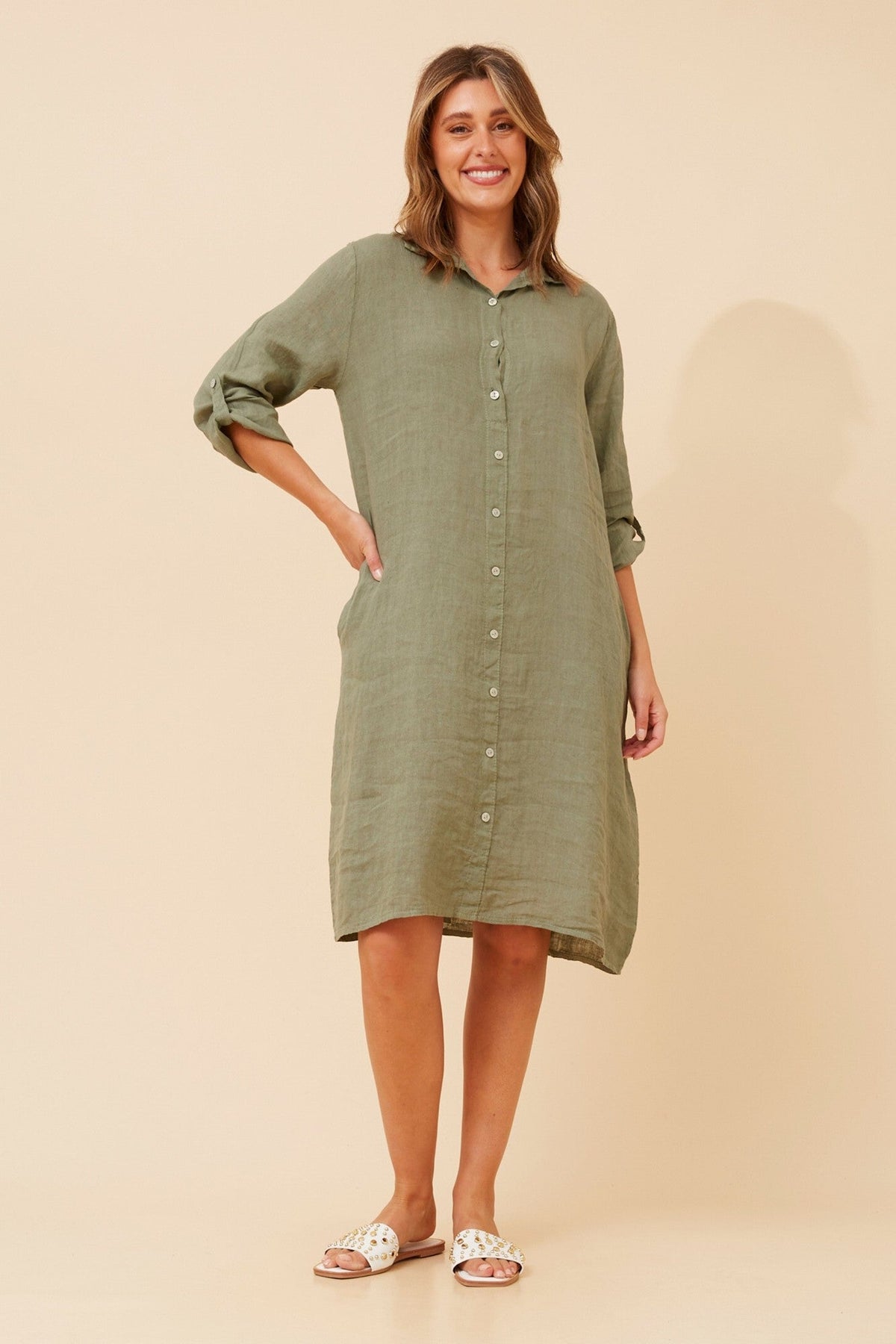 RAVINIA SOLID LINEN SHIRT DRESS (Khaki)