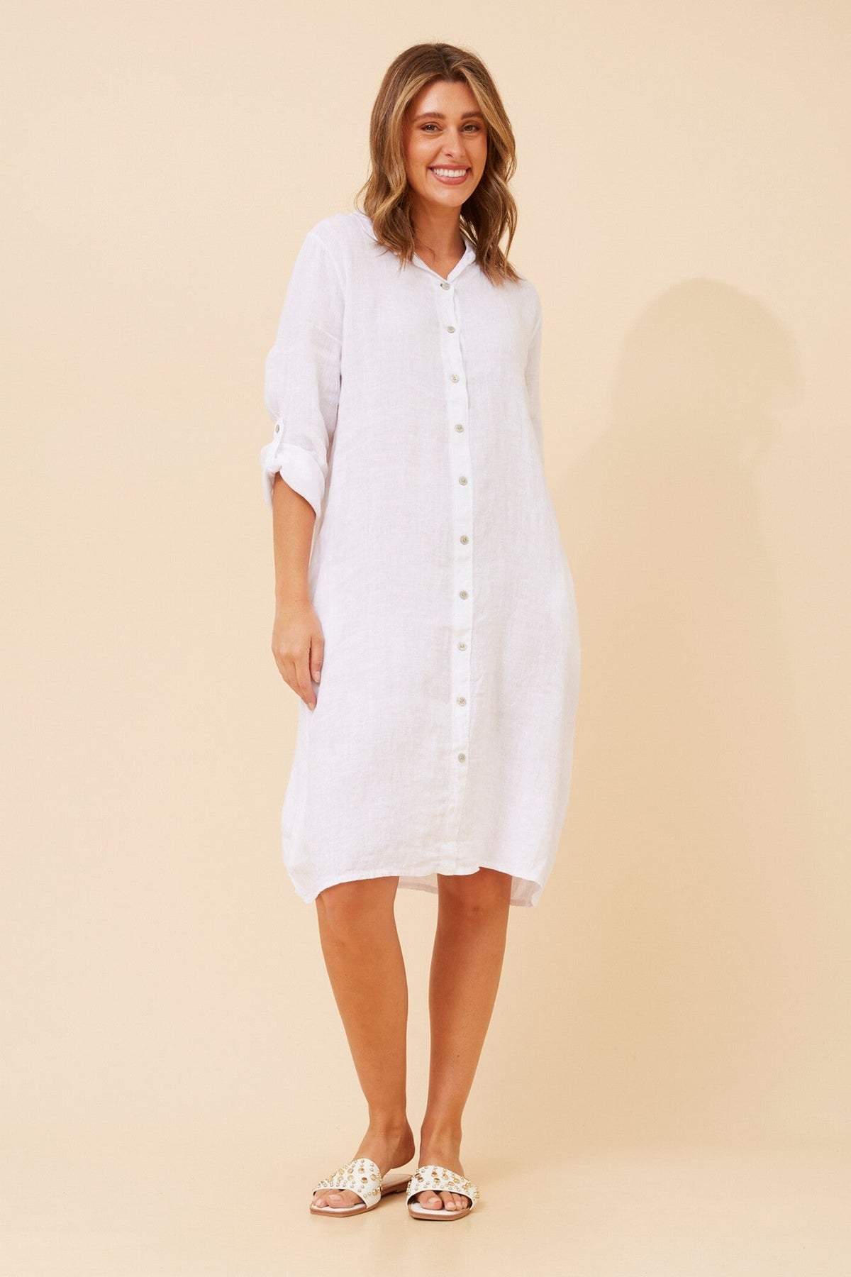 RAVINIA SOLID LINEN SHIRT DRESS (Khaki)