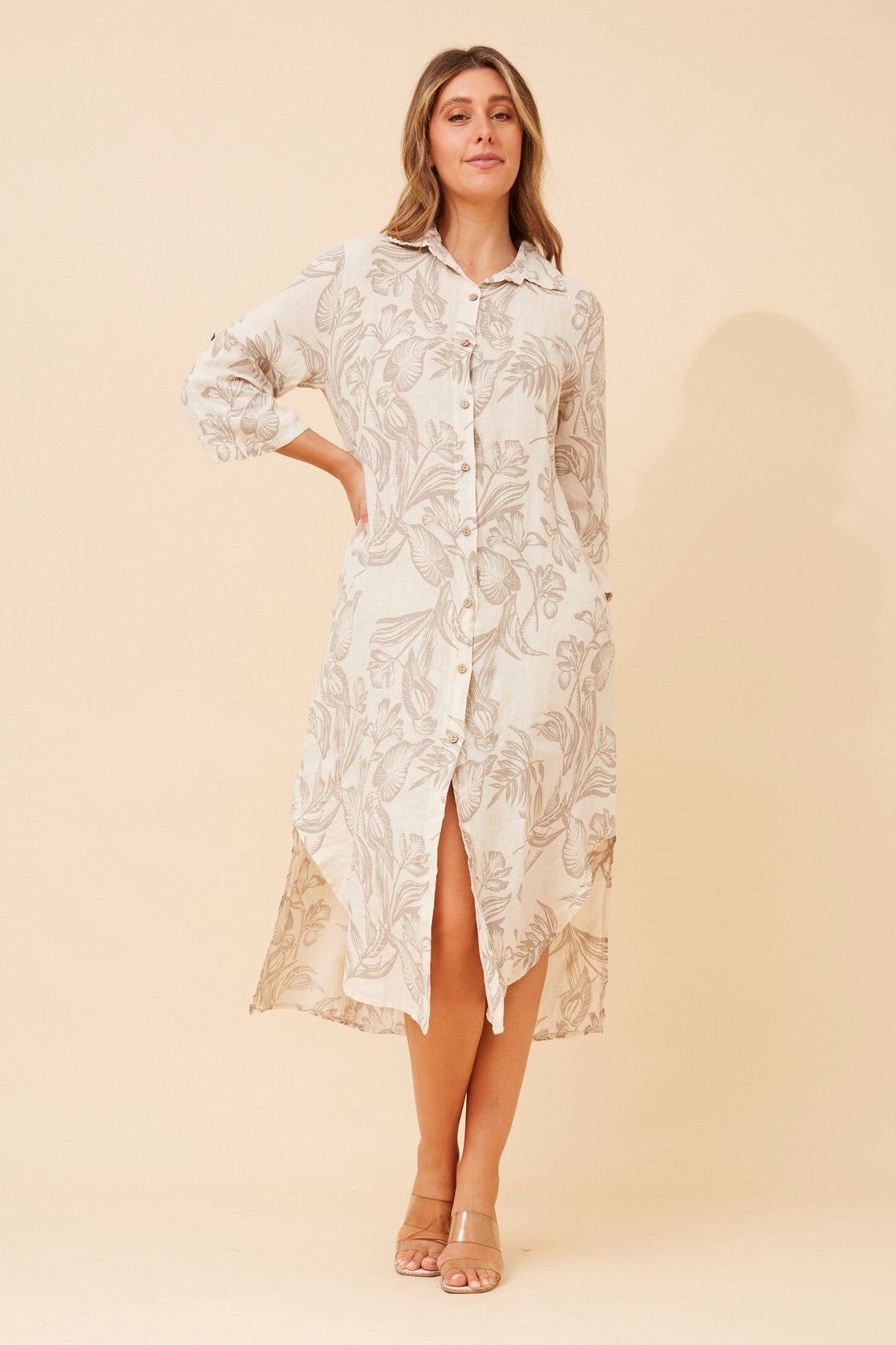 Image of Dresses. Product name - ARLENA LINEN BLEND DRESS in Corallo colour by brand - BOTTEGA MODA