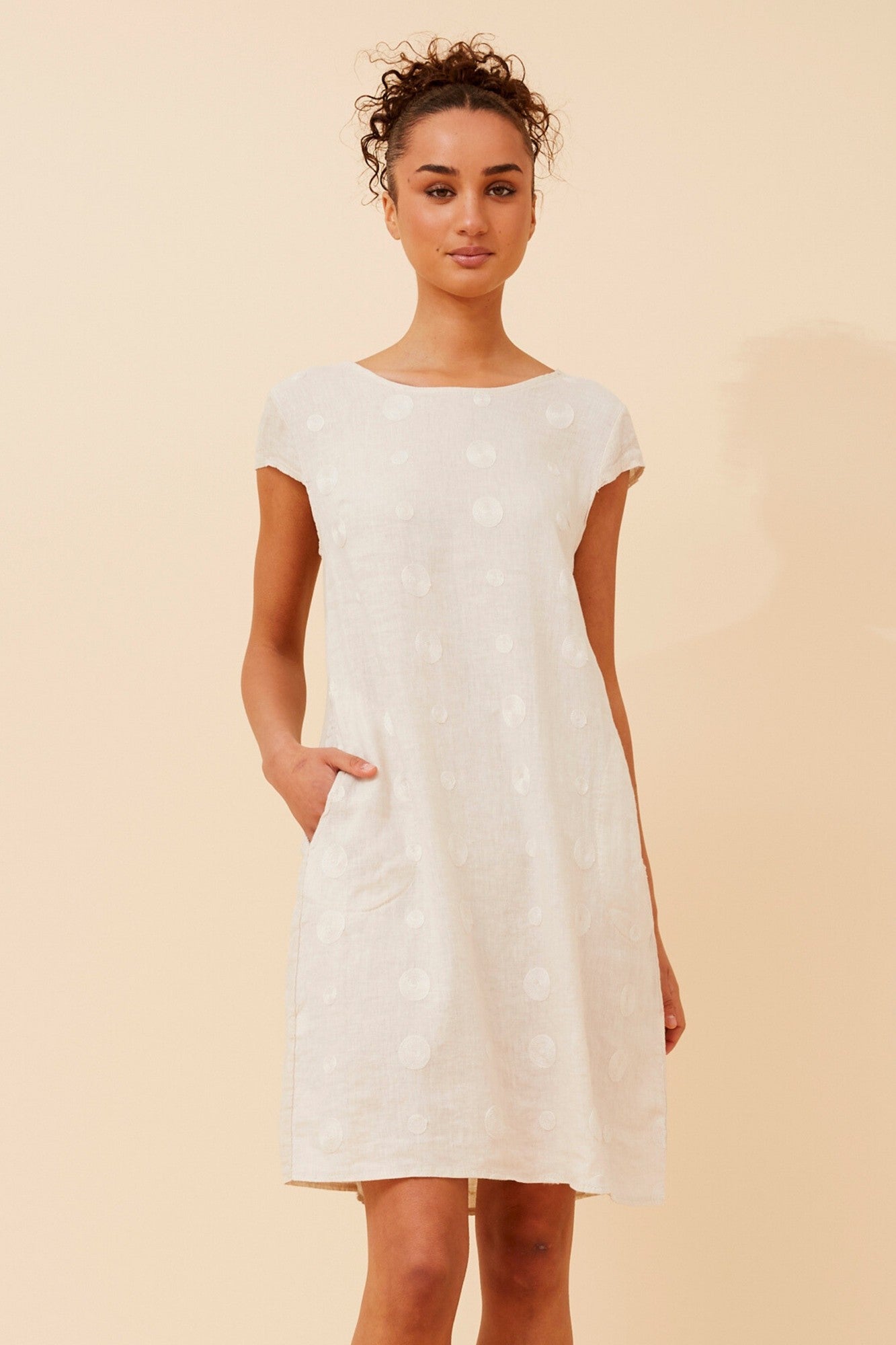 Image of Dresses. Product name - SISLEY POLKA DOT LINEN DRESS in Aqua colour by brand - BOTTEGA MODA