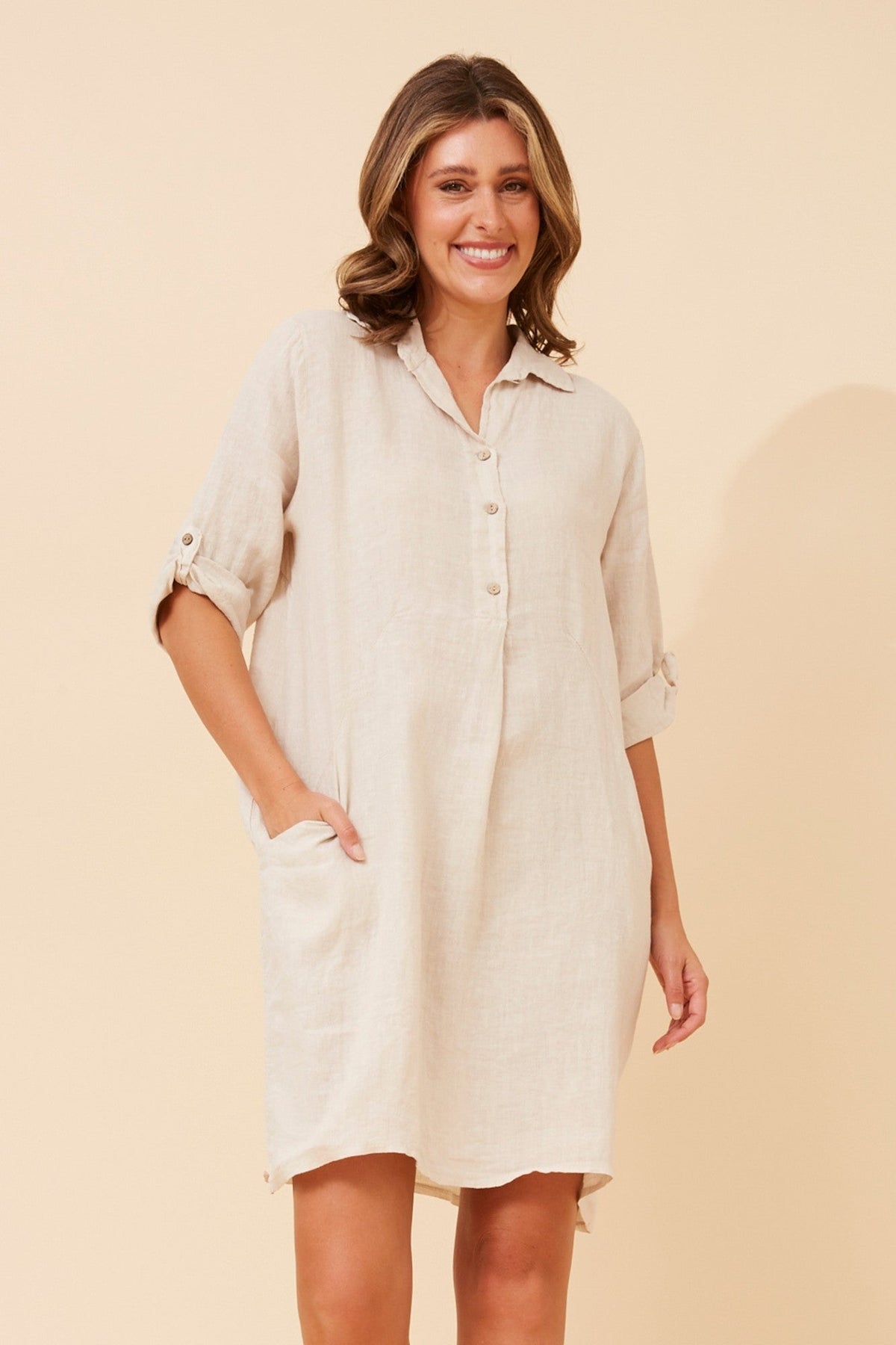 Image of Dresses. Product name - JOSEFA SOLID LINEN DRESS in Fango colour by brand - BOTTEGA MODA
