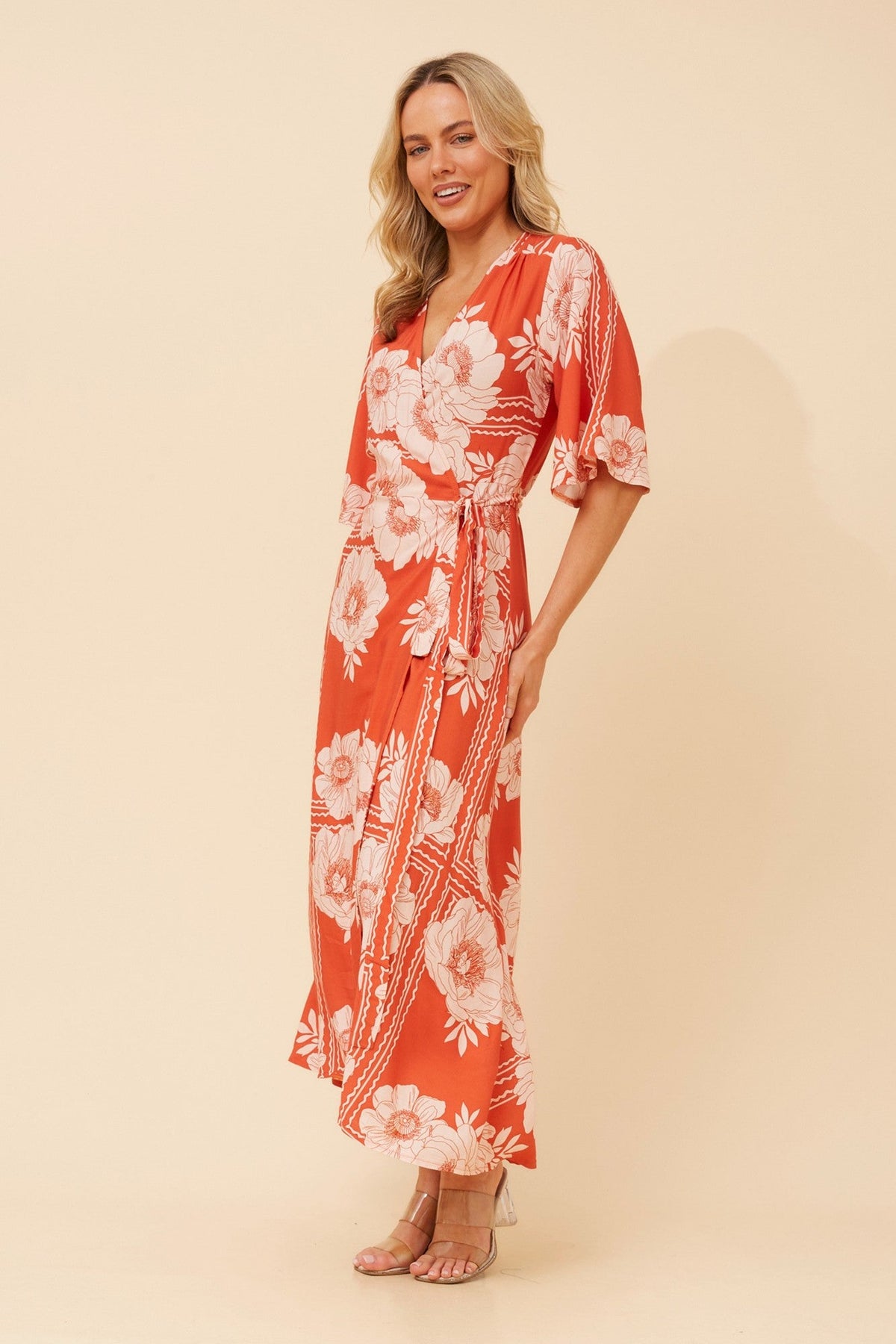 AVALON FLORAL LINEN BLEND DRESS (Desert Orange)