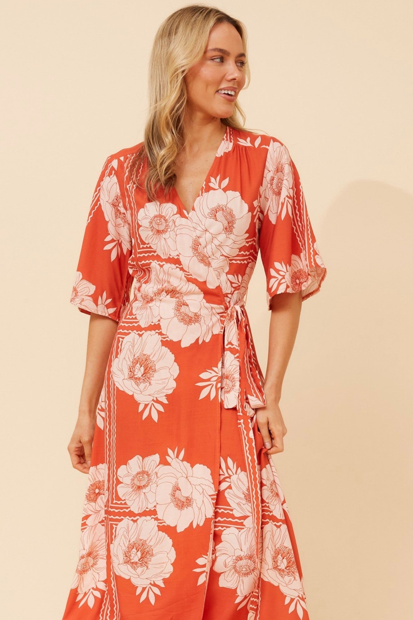 AVALON FLORAL LINEN BLEND DRESS (Desert Orange)