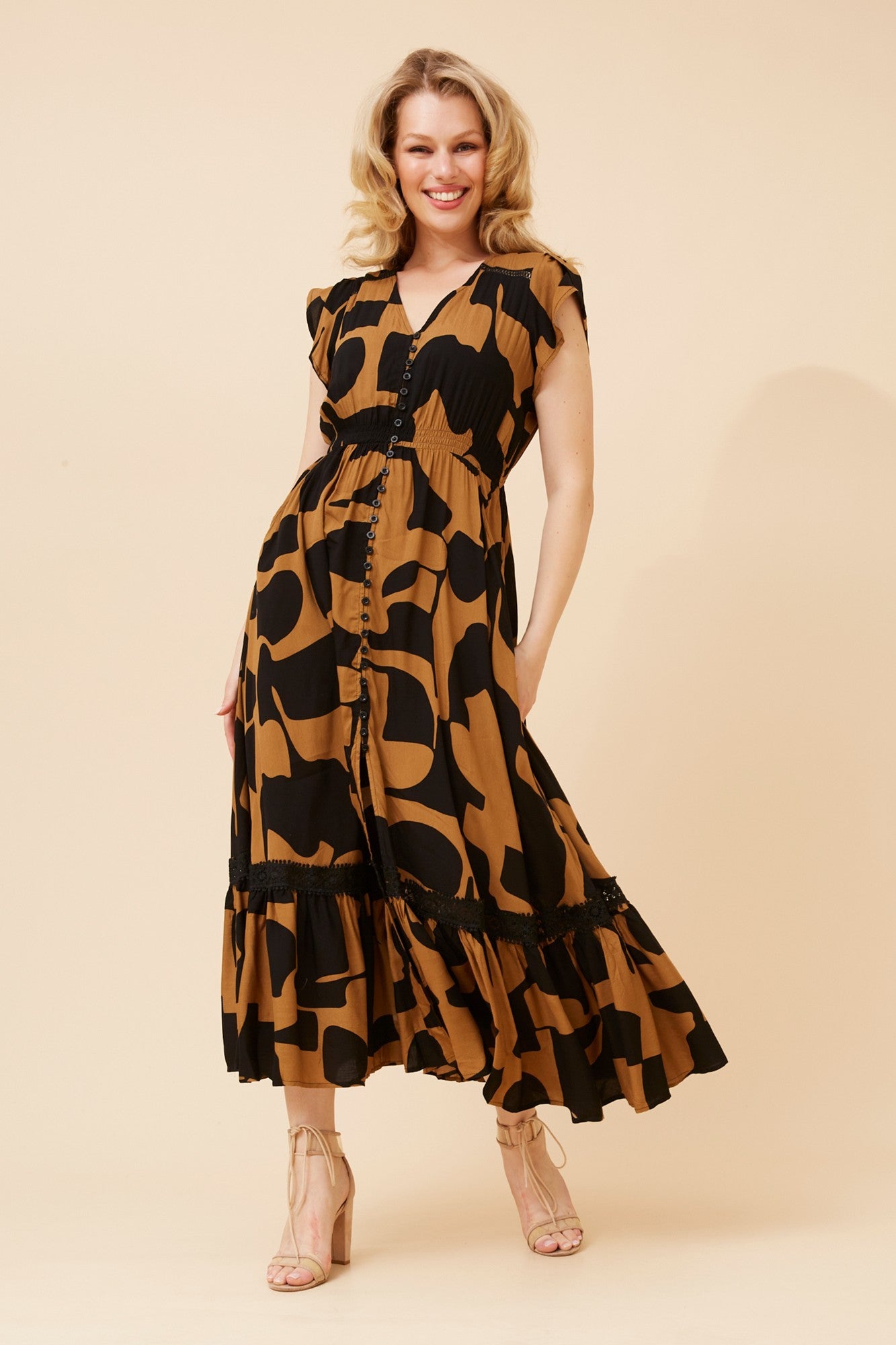 Image of Dresses. Product name - MOROCCO ASBTRACT PRINT MAXI DRESS in Toffee colour by brand - Caroline Morgan Australia