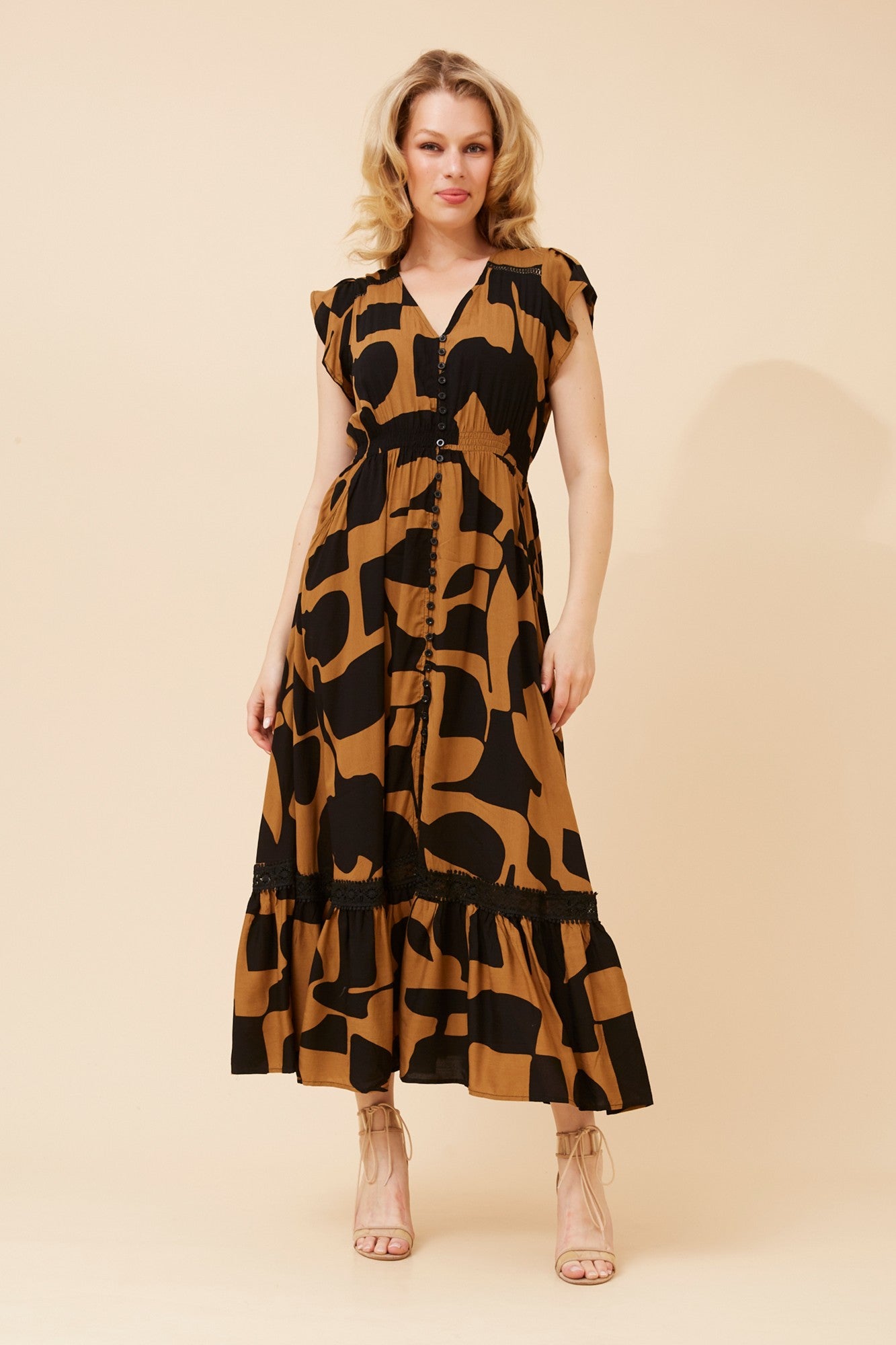 MOROCCO ASBTRACT PRINT MAXI DRESS (Toffee)