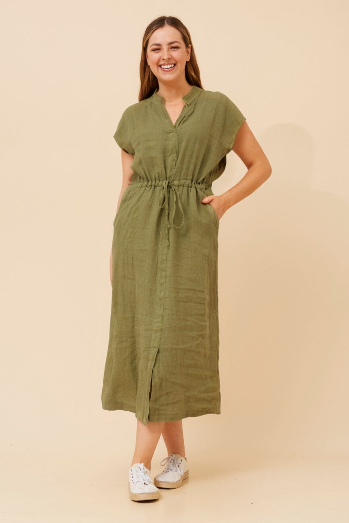 Image of Dresses. Product name - DANILA LINEN MIDI DRESS in Light Blue colour by brand - BOTTEGA MODA